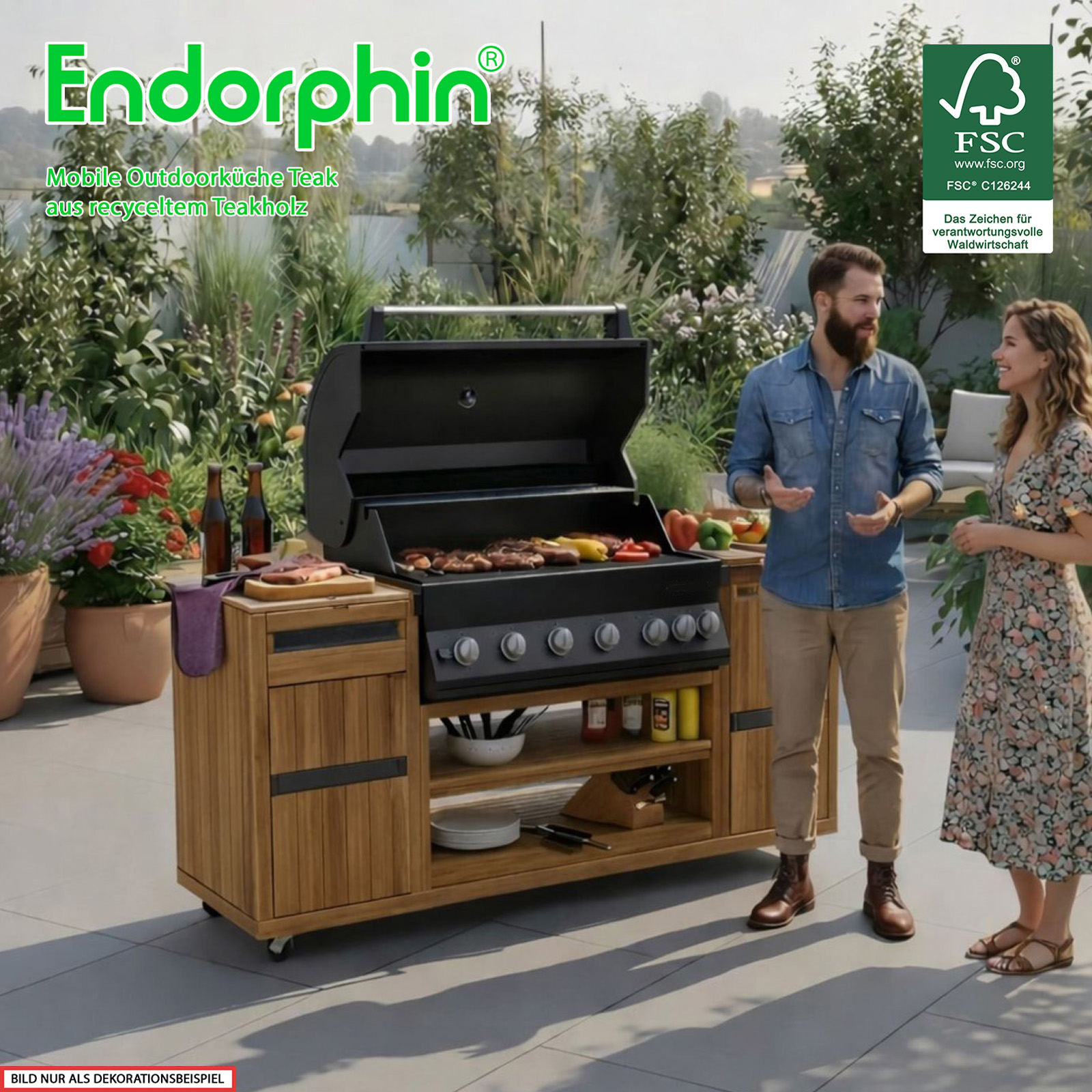 Endorphin Outdoorküche Teak inkl. Merlin 641 Built- in Gasgrill schwarz