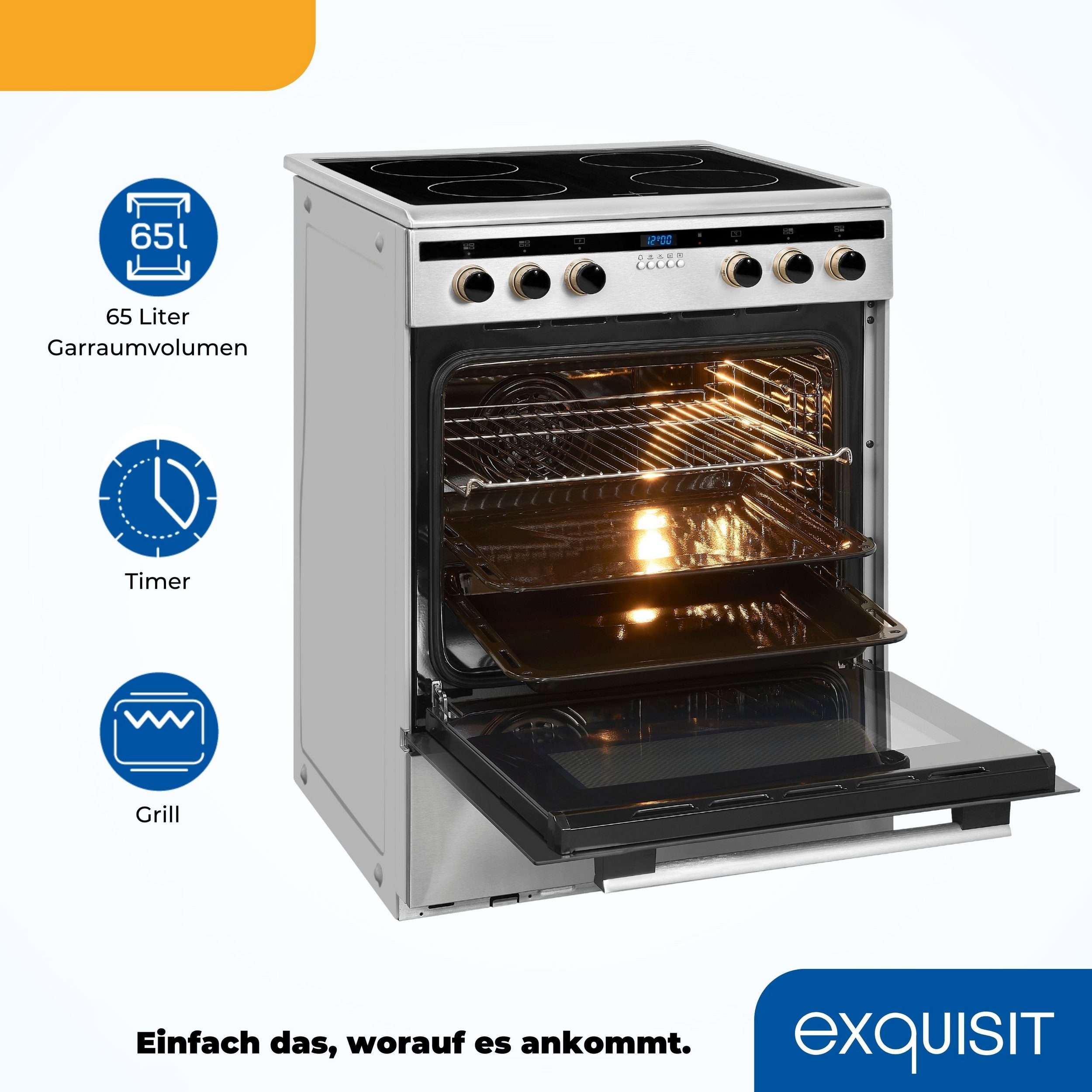 Exquisit EHI 60-3 Inox | Silber, 65 Liter Elektro-Standherd