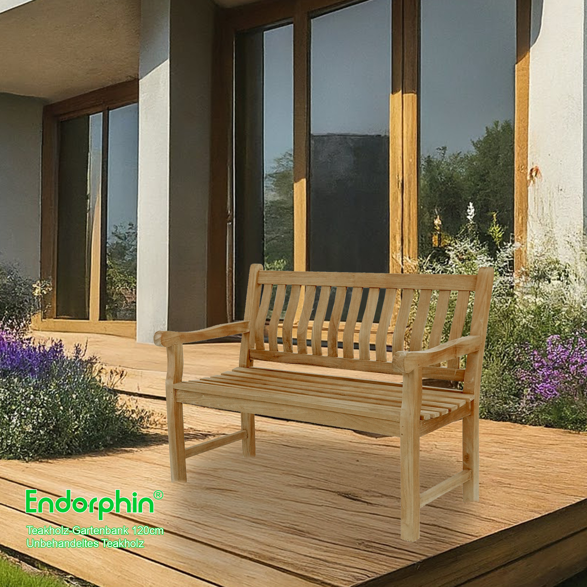 Endorphin Gartenbank Breite 120 cm, Parkbank, Teakholz Bank, nachhaltig, wetterfest, Kernholz, ergonomisch