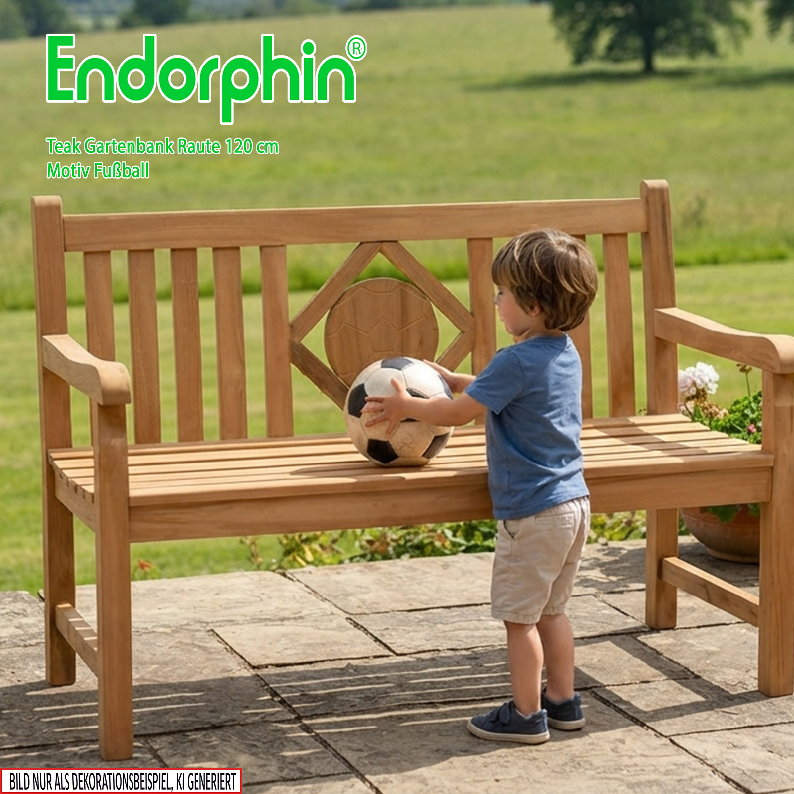 Endorphin Premium Teak Gartenbank 120 cm „Modell Raute“ mit Motiv Fußball