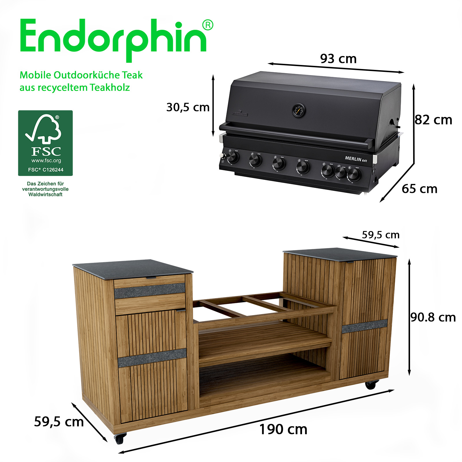 Endorphin Outdoorküche Teak inkl. Merlin 641 Built- in Gasgrill schwarz