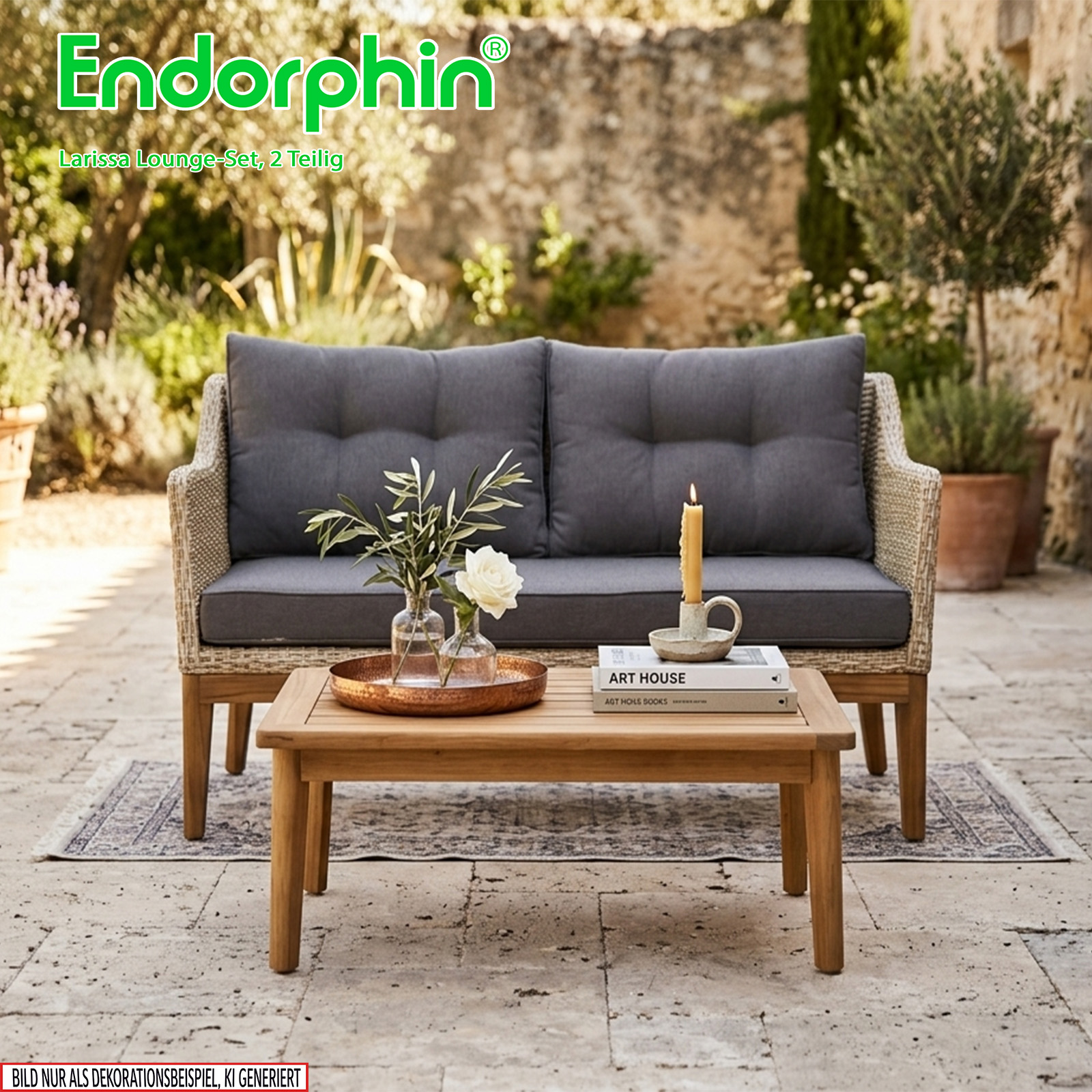 Endorphin Larissa Lounge-Set 2 tlg. 1 Sofa 1 Tisch Polyrattan Akazie im teakholz look Gartenmöbel