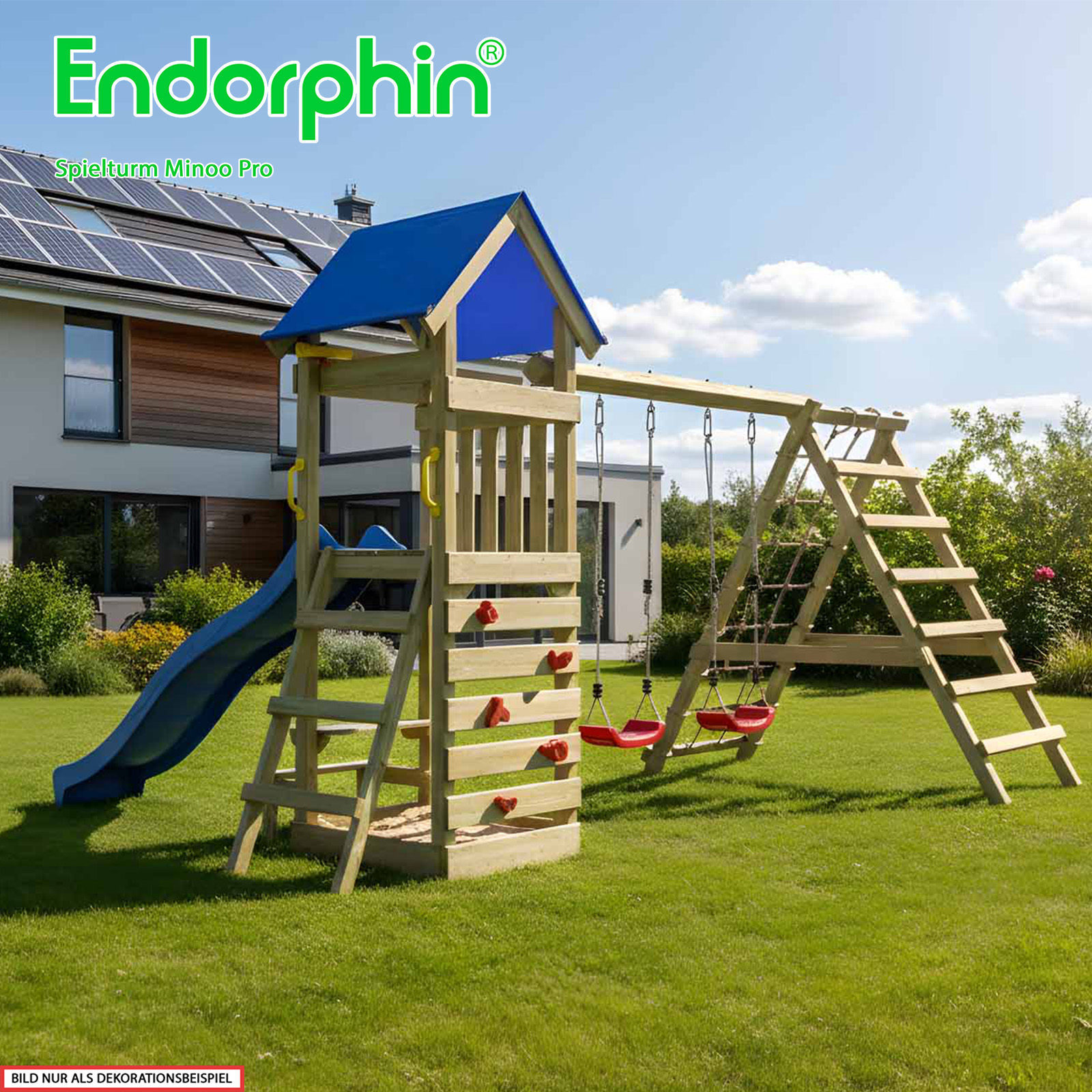 Endorphin Spielturm Minoo Pro m. Dach Leiter Rutsche Schaukel Kletterwänden Sandkasten und Picknicktisch