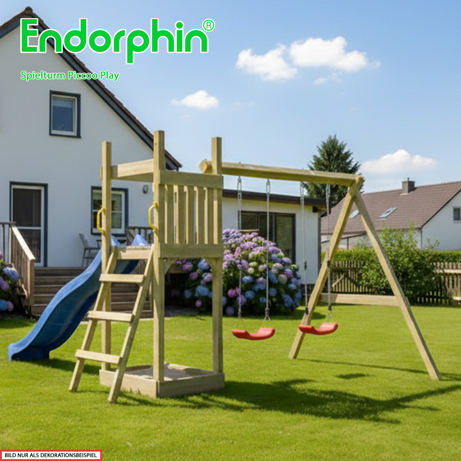 Endorphin Spielturm Piccoo Play mit Leiter Wellenrutsche und 2 Schaukeln