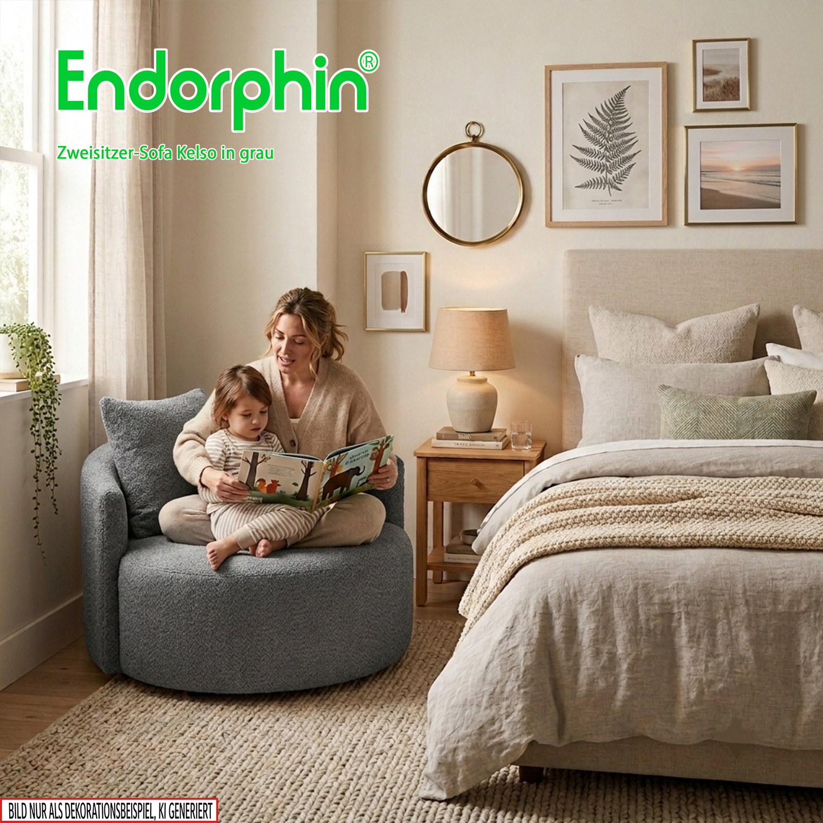 Endorphin 2er Sofa Kelso – in Grau, Exklusives Designer-Sofa mit Teddy-Bezug