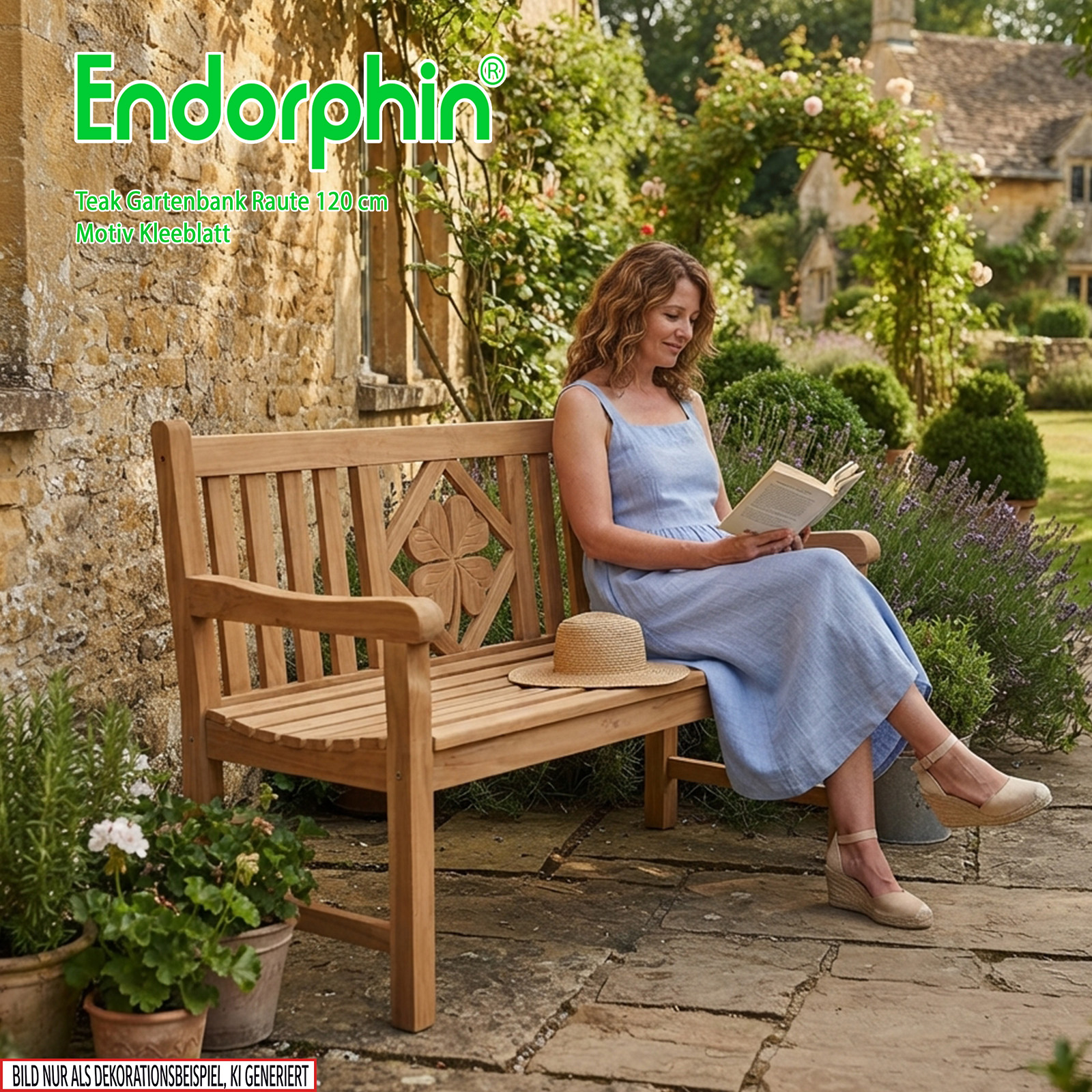 Endorphin Premium Teak Gartenbank 120 cm „Modell Raute“ mit Motiv Kleeblatt