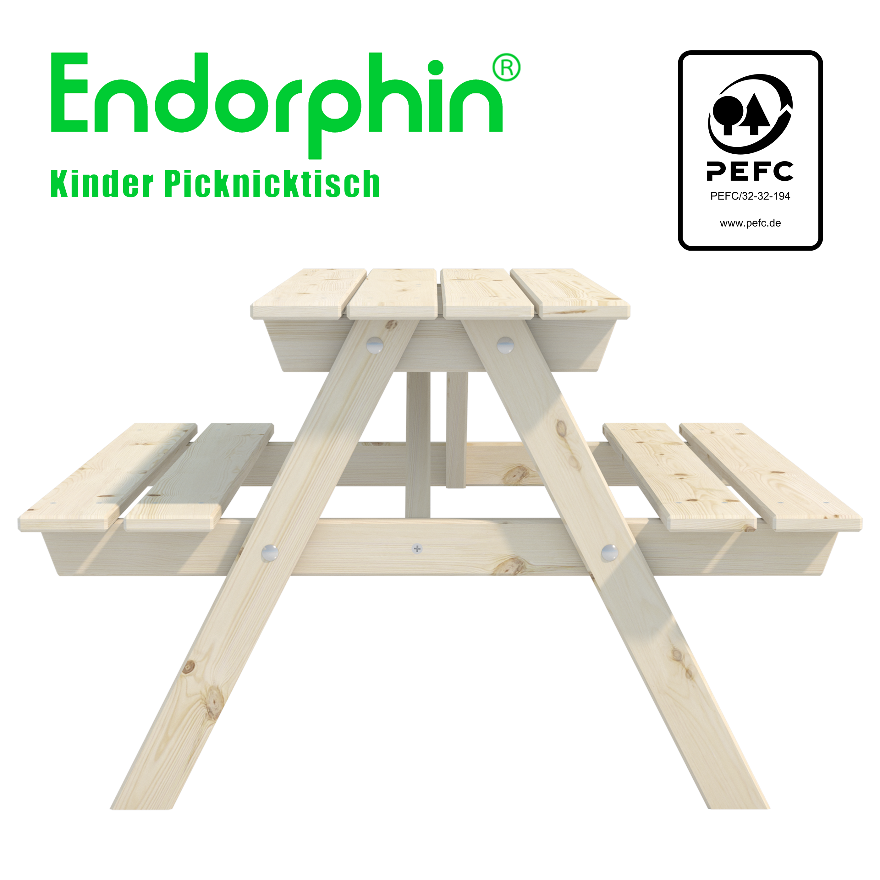 Endorphin Kinder Picknicktisch, kammergetrocknetes Kiefernholz, Picknickbank für Kinder, Kindermöbel für draußen, wetterfester Kindertisch, Gartenmöbel für Kinder, 117cm lang