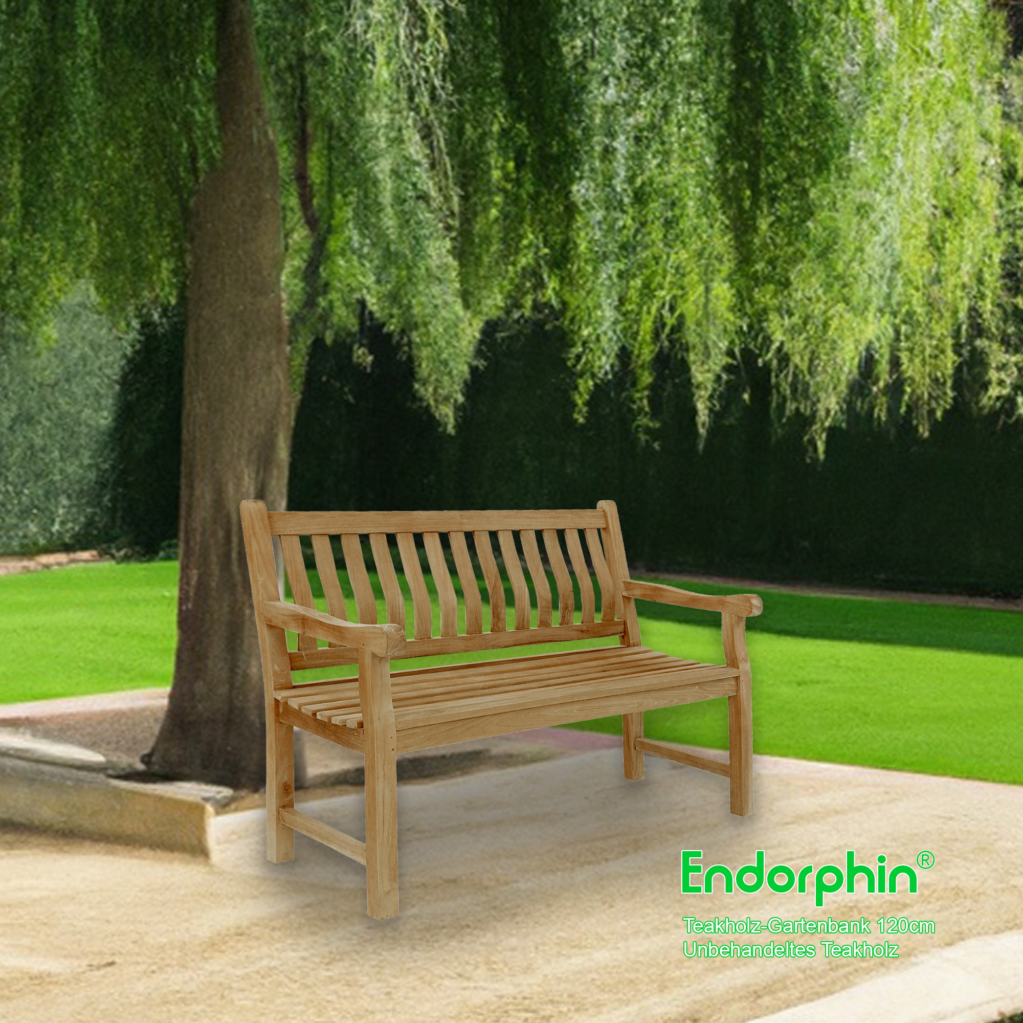 Endorphin Gartenbank Breite 120 cm, Parkbank, Teakholz Bank, nachhaltig, wetterfest, Kernholz, ergonomisch