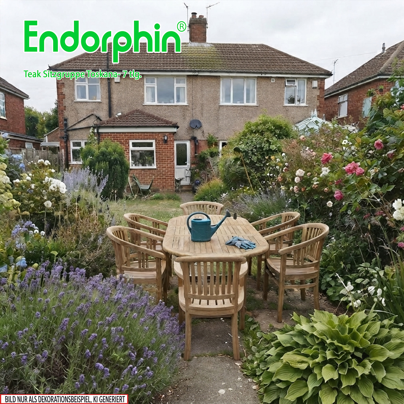 Endorphin Toskana Gartenmöbel Set 7tlg. Teakholz, Tisch oval, ausziehbar mit 6 Stühlen stapelbar