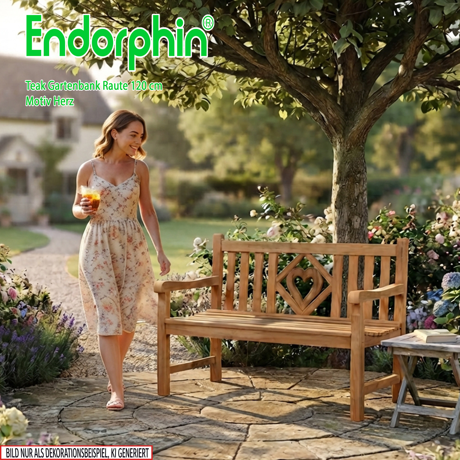 Endorphin Premium Teak Gartenbank 120 cm „Modell Raute“ mit Motiv Herz