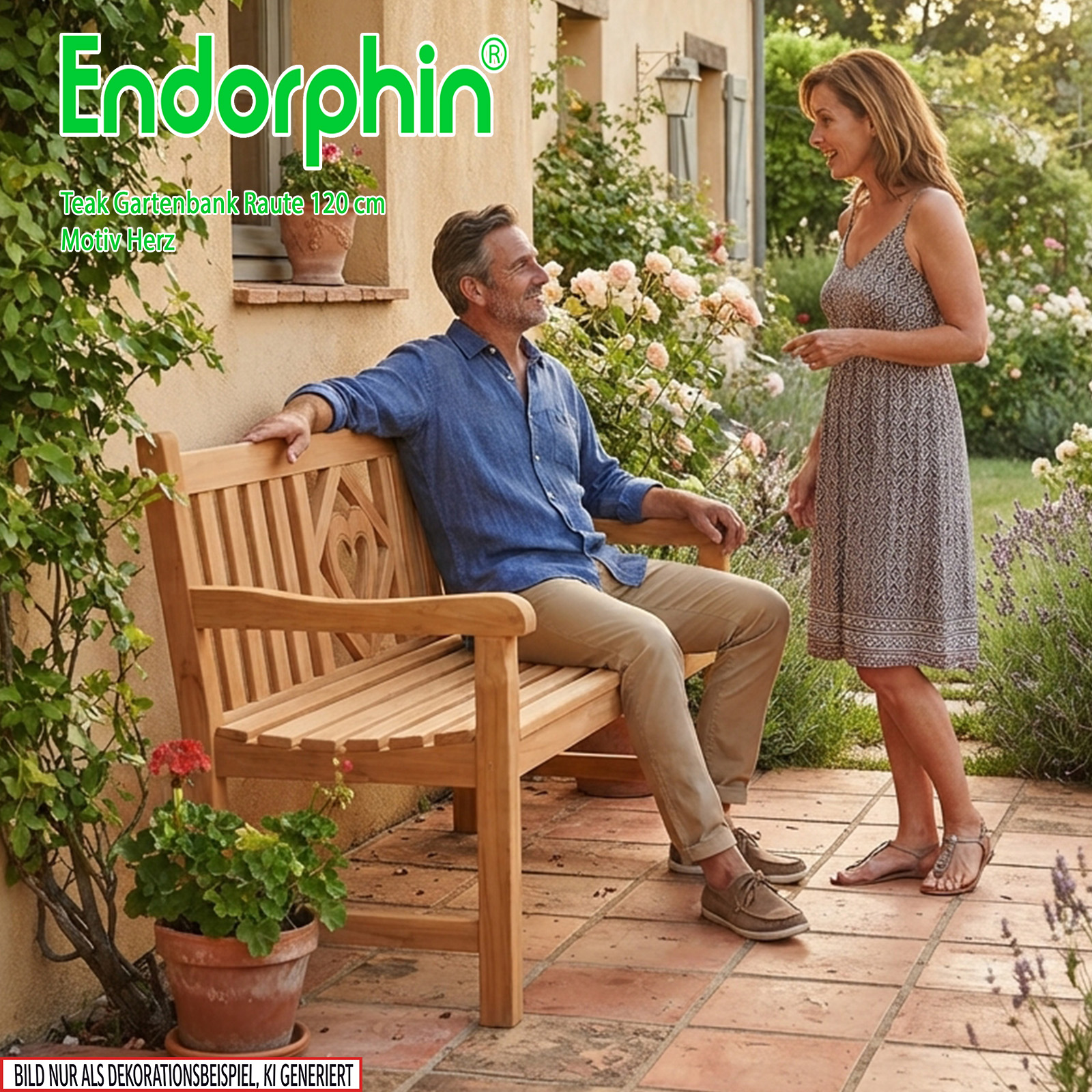 Endorphin Premium Teak Gartenbank 120 cm „Modell Raute“ mit Motiv Herz