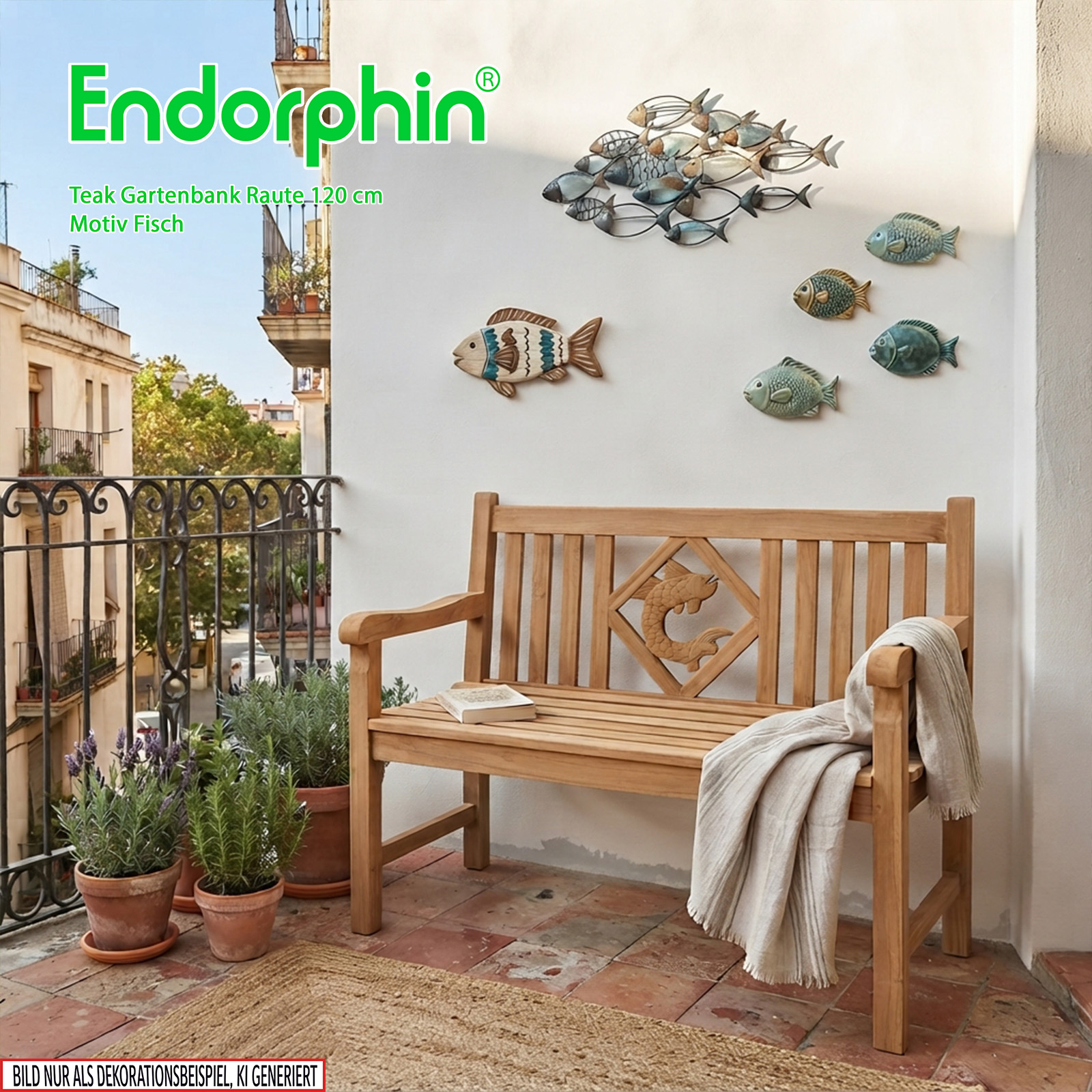 Endorphin Premium Teak Gartenbank 120 cm „Modell Raute“ mit Motiv Fisch