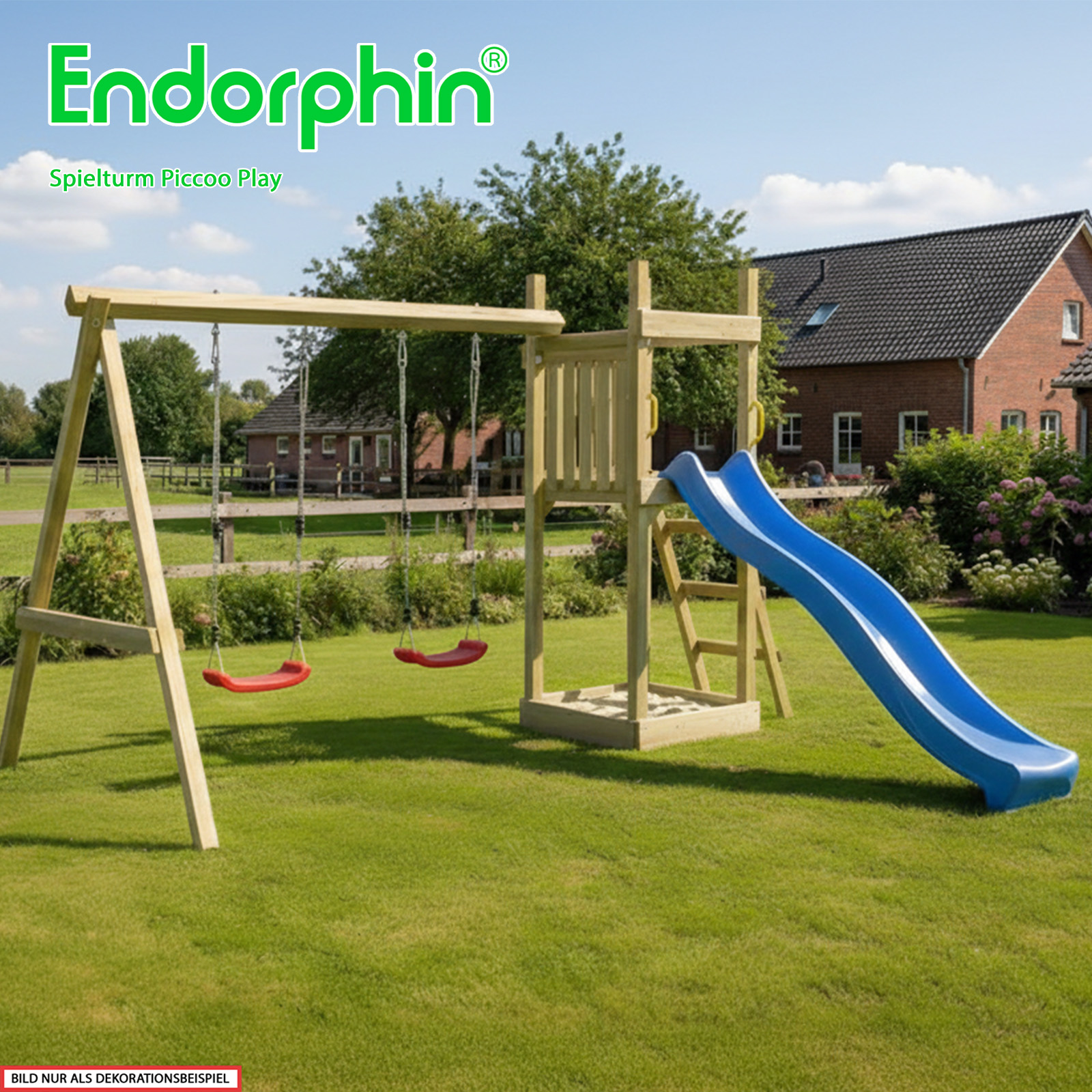 Endorphin Spielturm Piccoo Play mit Leiter Wellenrutsche und 2 Schaukeln