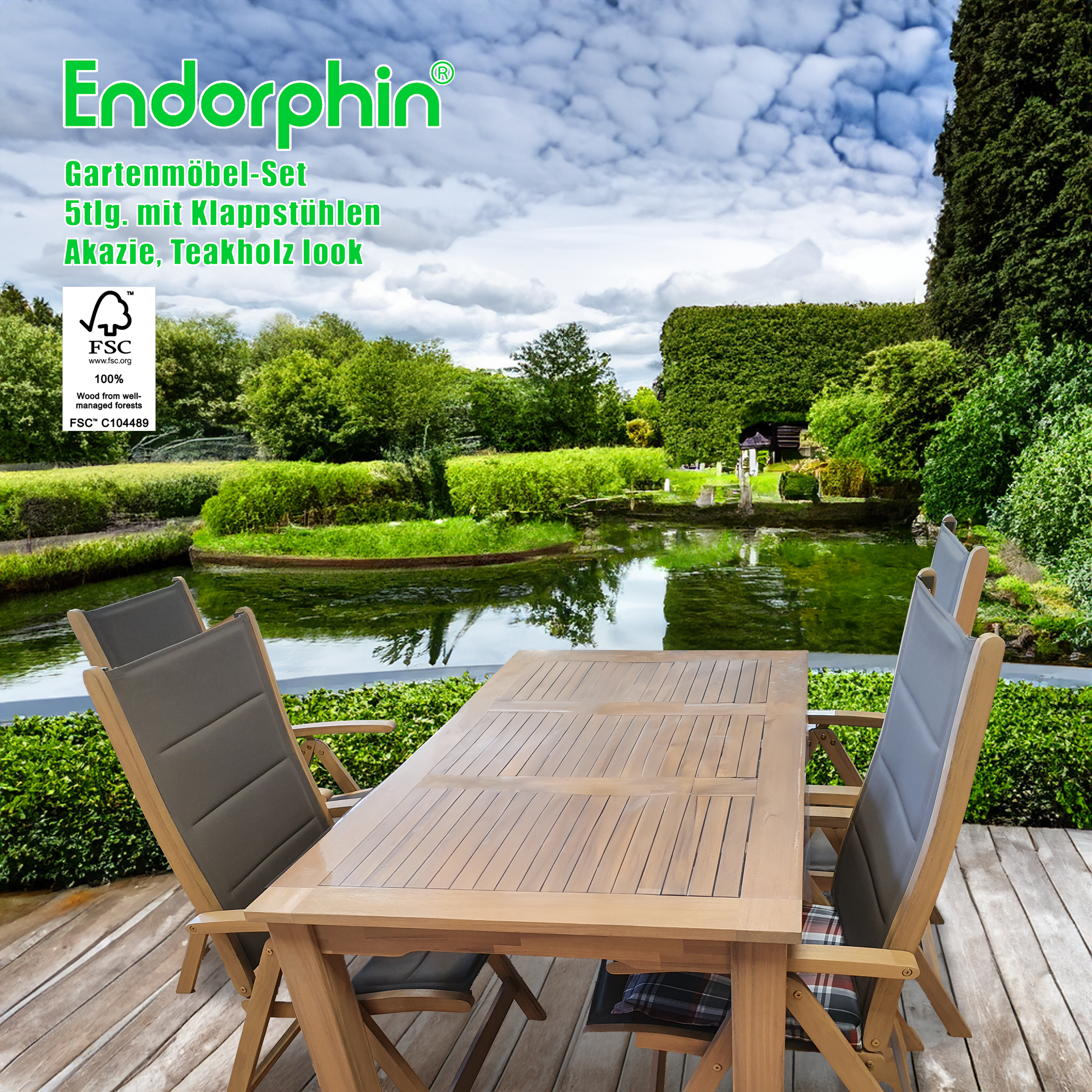 Endorphin Gartenset aus Akazienholz im Teakholz look, Gartenmöbel, FSC zertifiziert,  4 Klappsessel / Klappstuhl