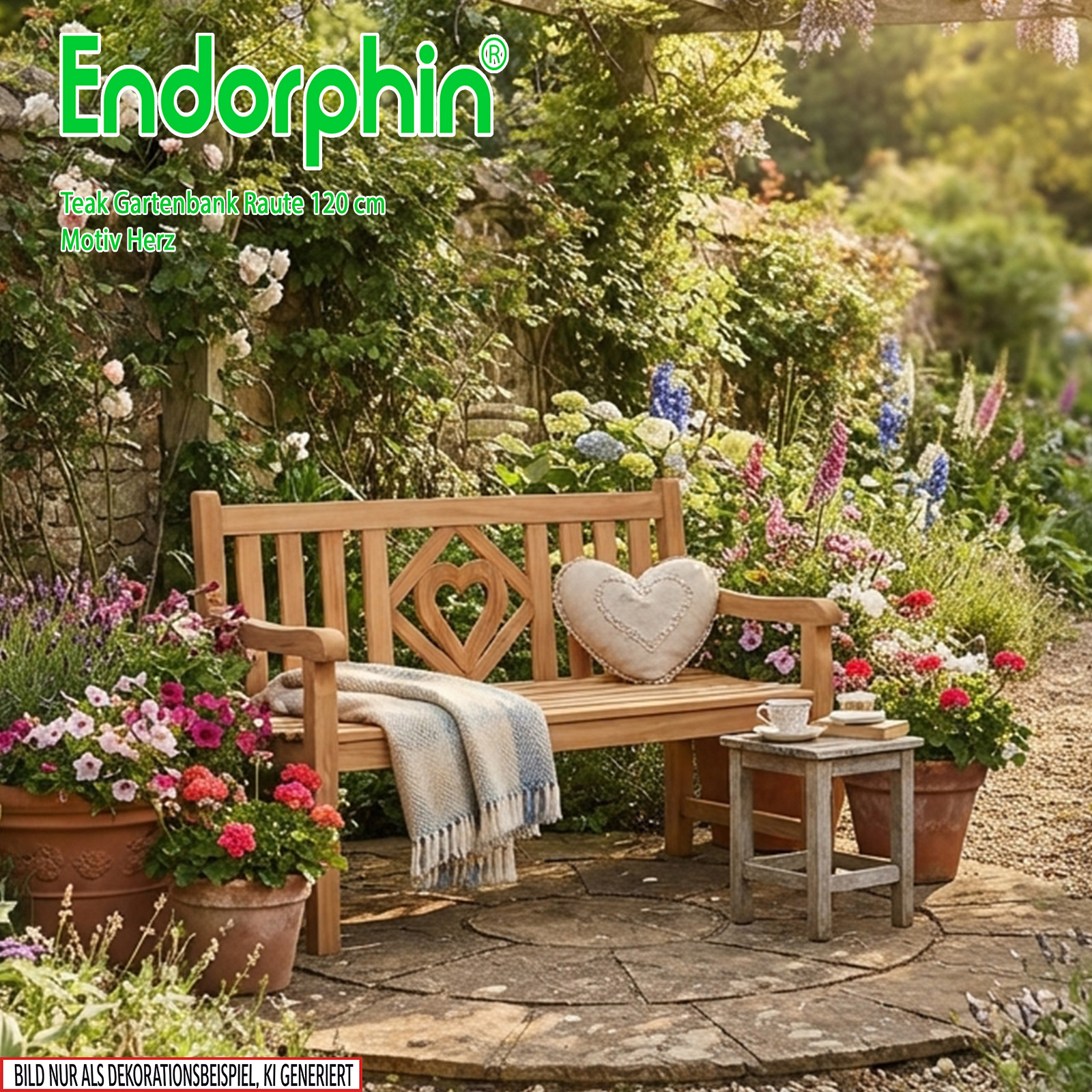 Endorphin Premium Teak Gartenbank 120 cm „Modell Raute“ mit Motiv Herz
