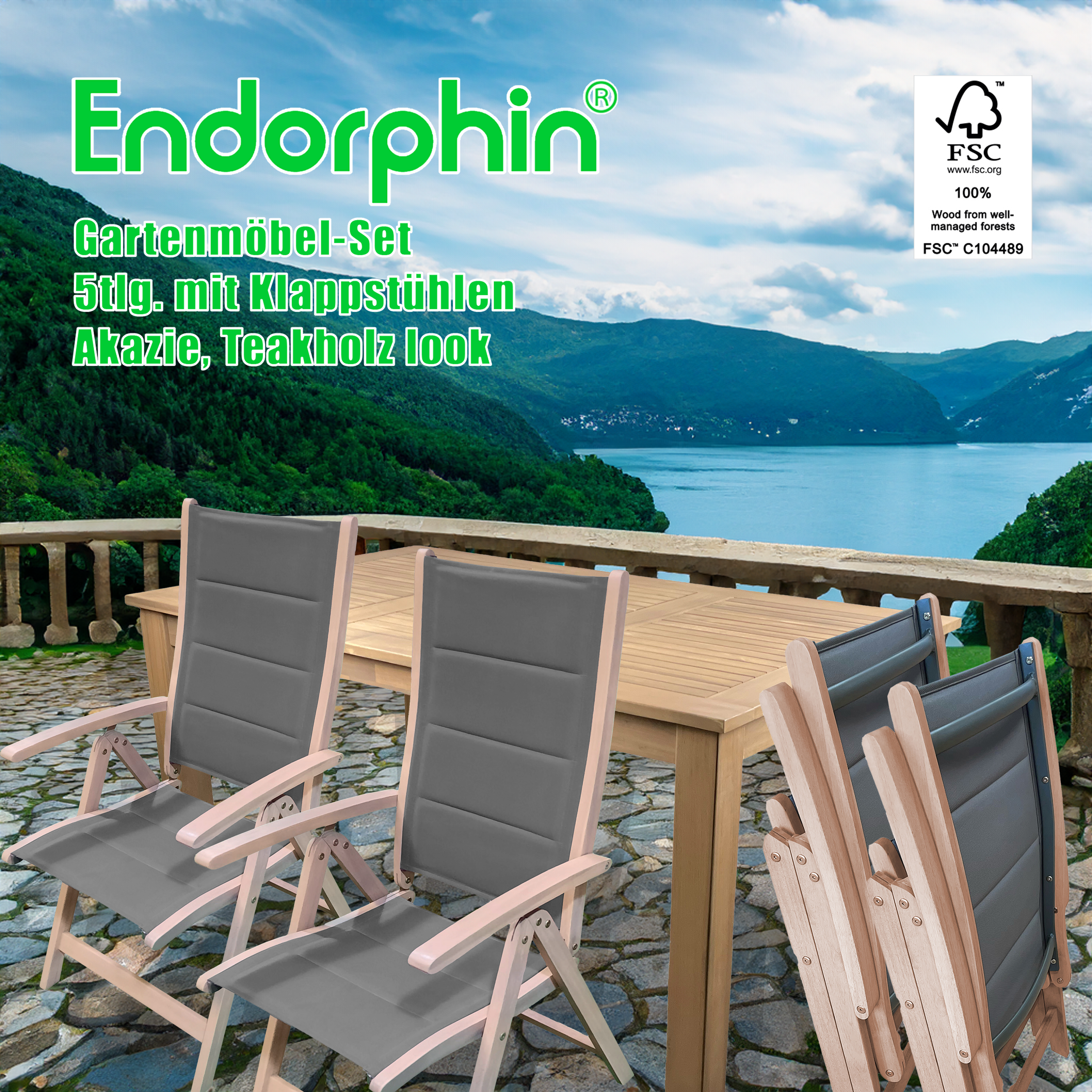 Endorphin Gartenset aus Akazienholz im Teakholz look, Gartenmöbel, FSC zertifiziert,  4 Klappsessel / Klappstuhl