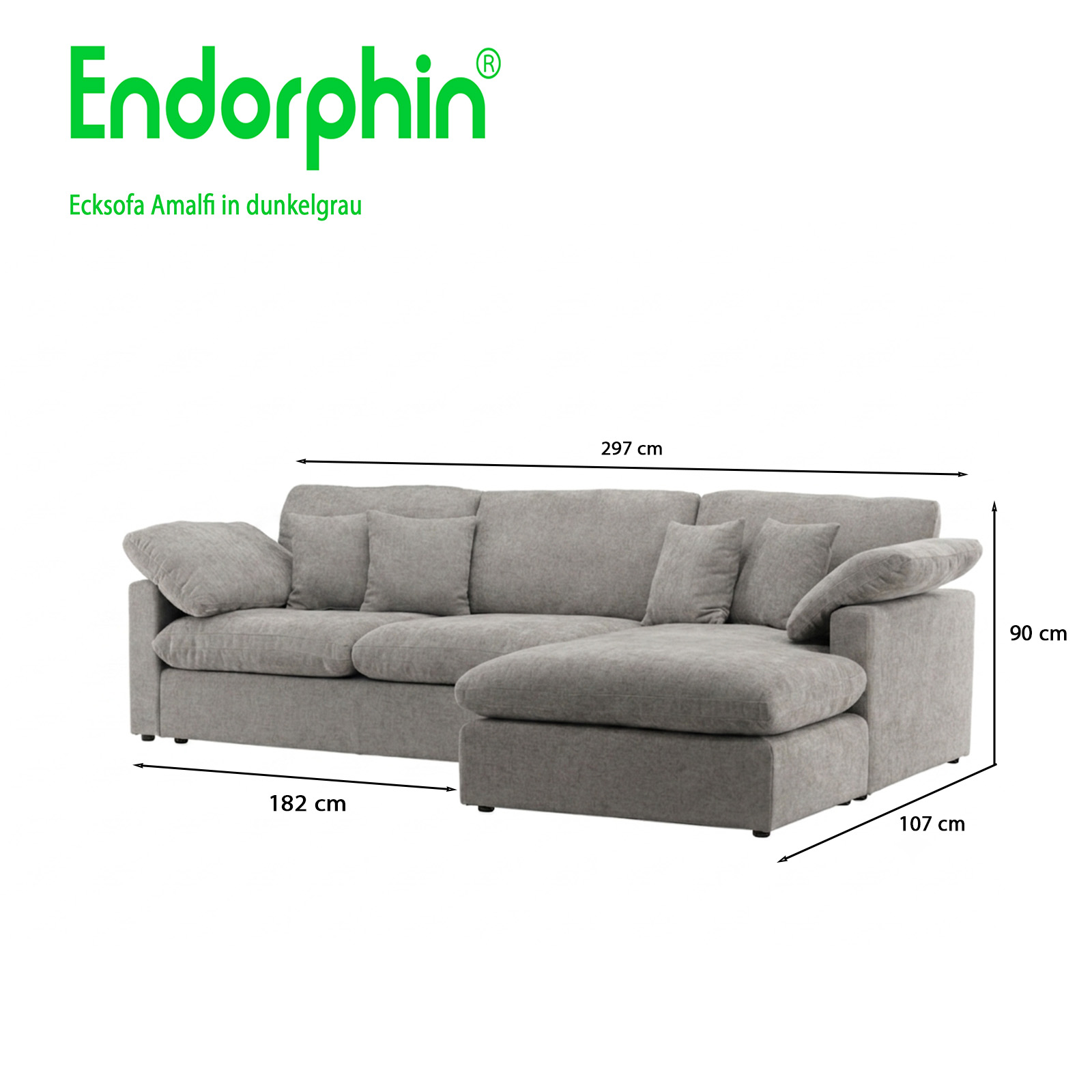 Endorphin Ecksofa Amalfi dunkelgrau, Ottomane flexibel montierbar