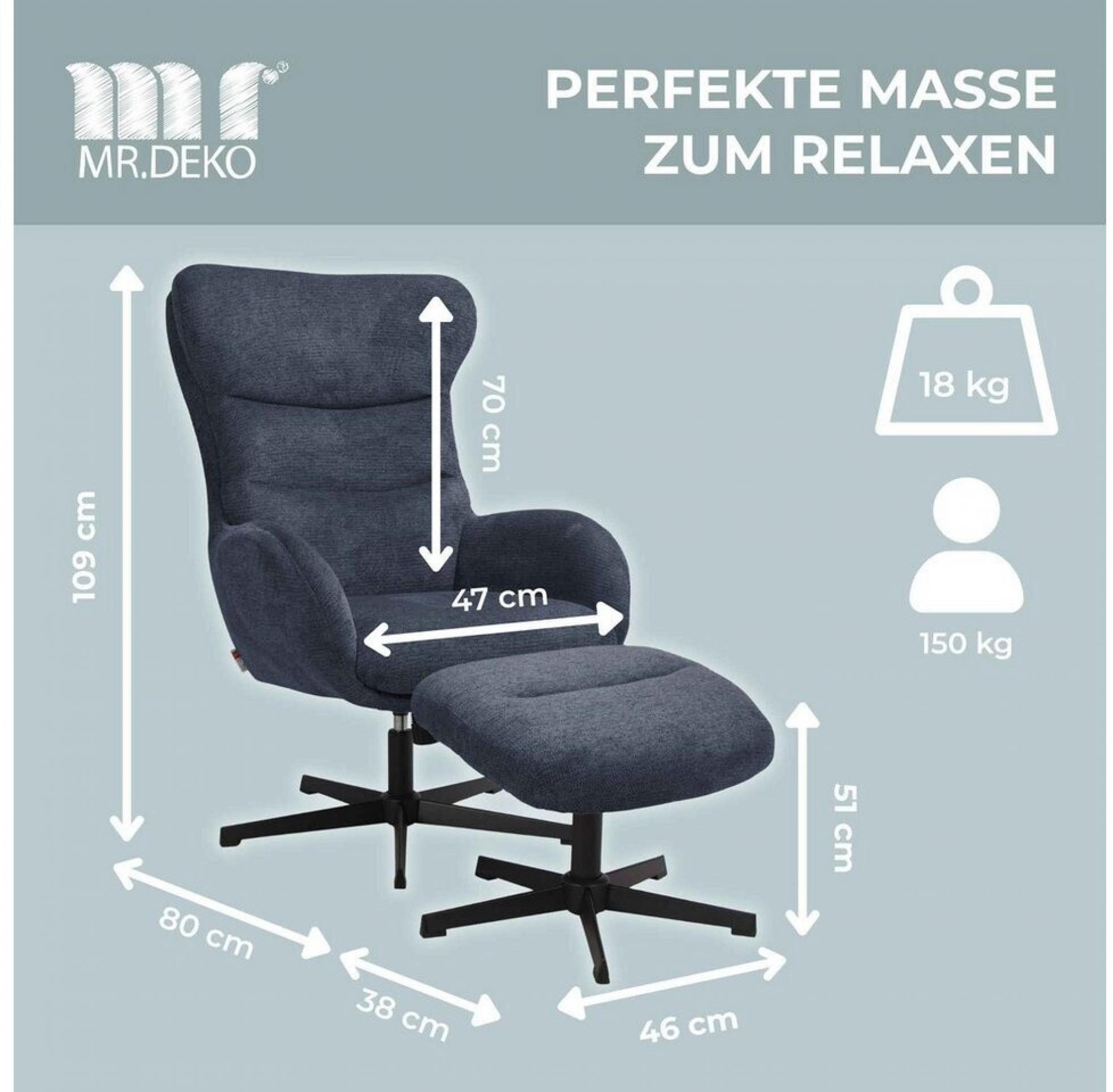deVries Mr. Deko Lucito Ohrensessel mit Fußhocker, blau, Strukturstoff