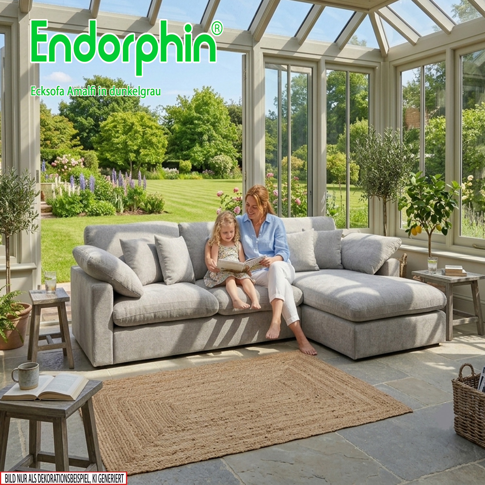 Endorphin Ecksofa Amalfi dunkelgrau, Ottomane flexibel montierbar