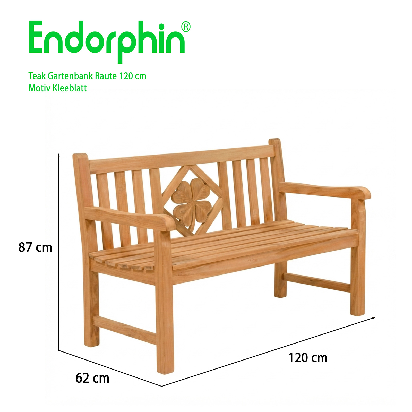 Endorphin Premium Teak Gartenbank 120 cm „Modell Raute“ mit Motiv Kleeblatt