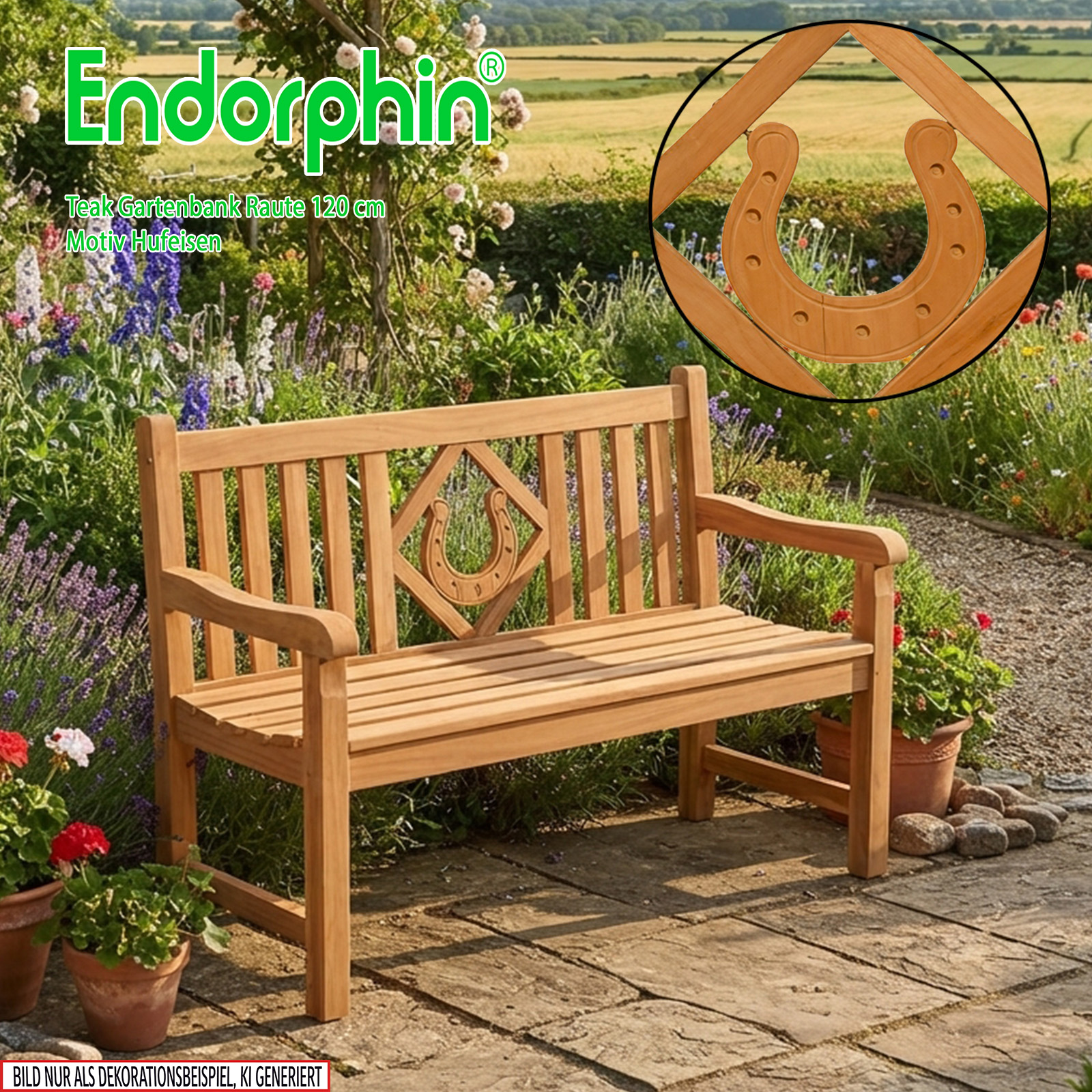 Endorphin Premium Teak Gartenbank 120 cm „Modell Raute“ mit Motiv Hufeisen