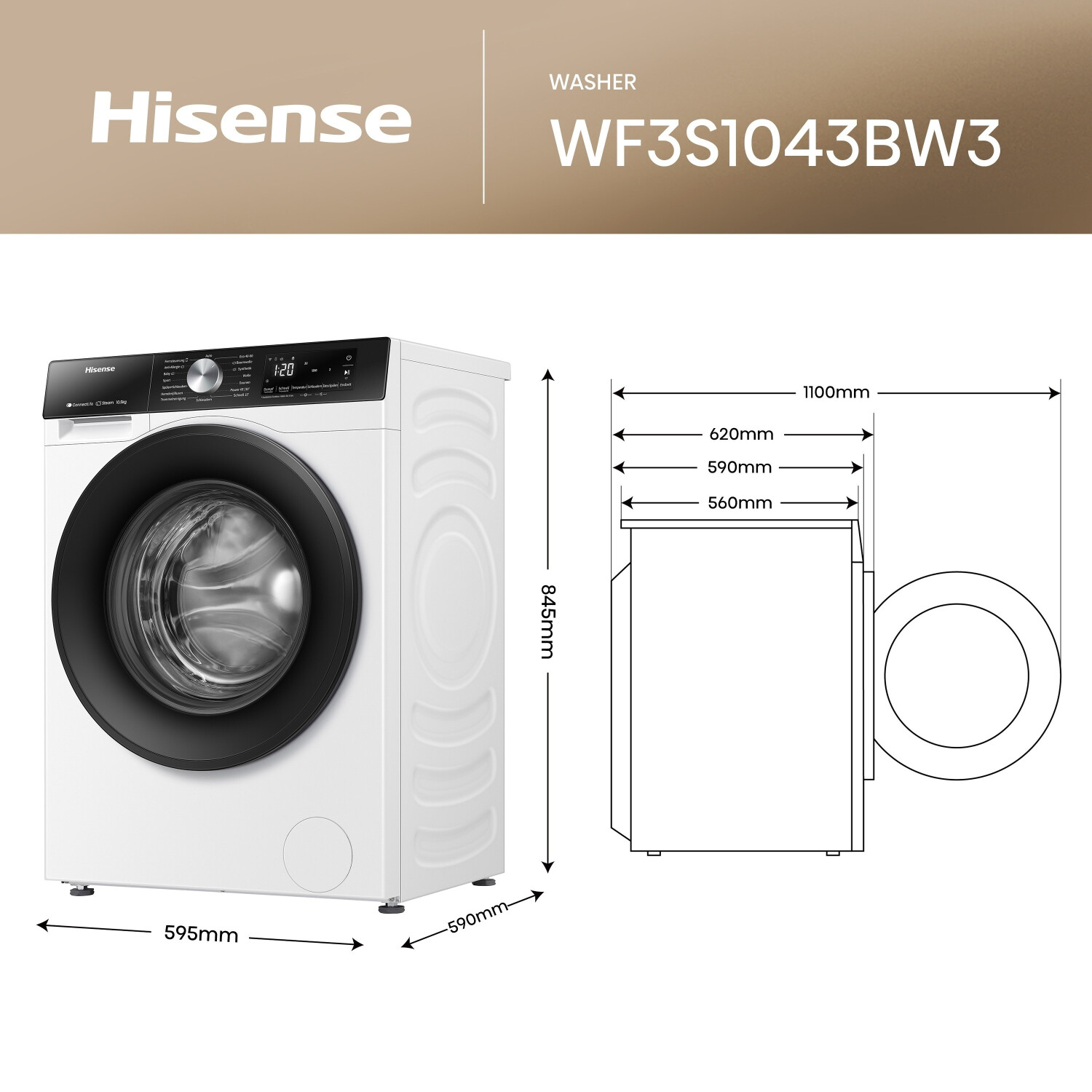 Hisense WF3S1043BW3 Waschmaschine 10KG, 1400u/min, EEK: A, Dampffunktion