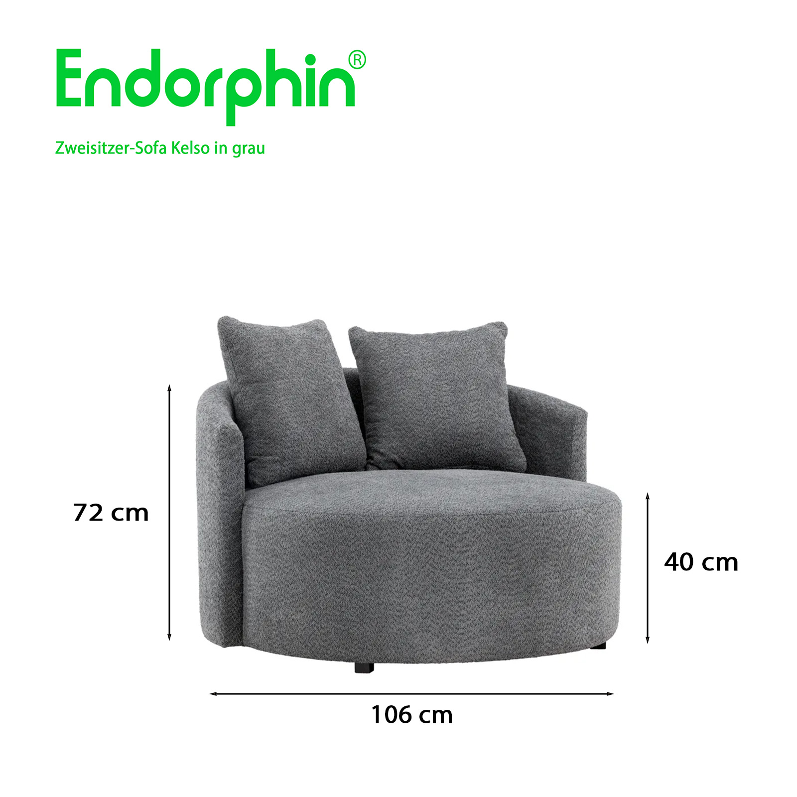 Endorphin 2er Sofa Kelso – in Grau, Exklusives Designer-Sofa mit Teddy-Bezug