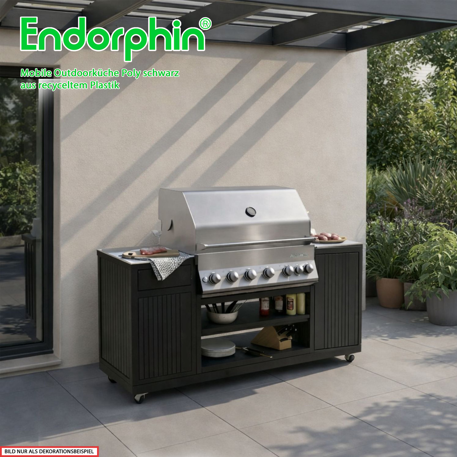 Endorphin Poly Outdoorküche schwarz, inkl Merlin 641 Gasgrill, silber