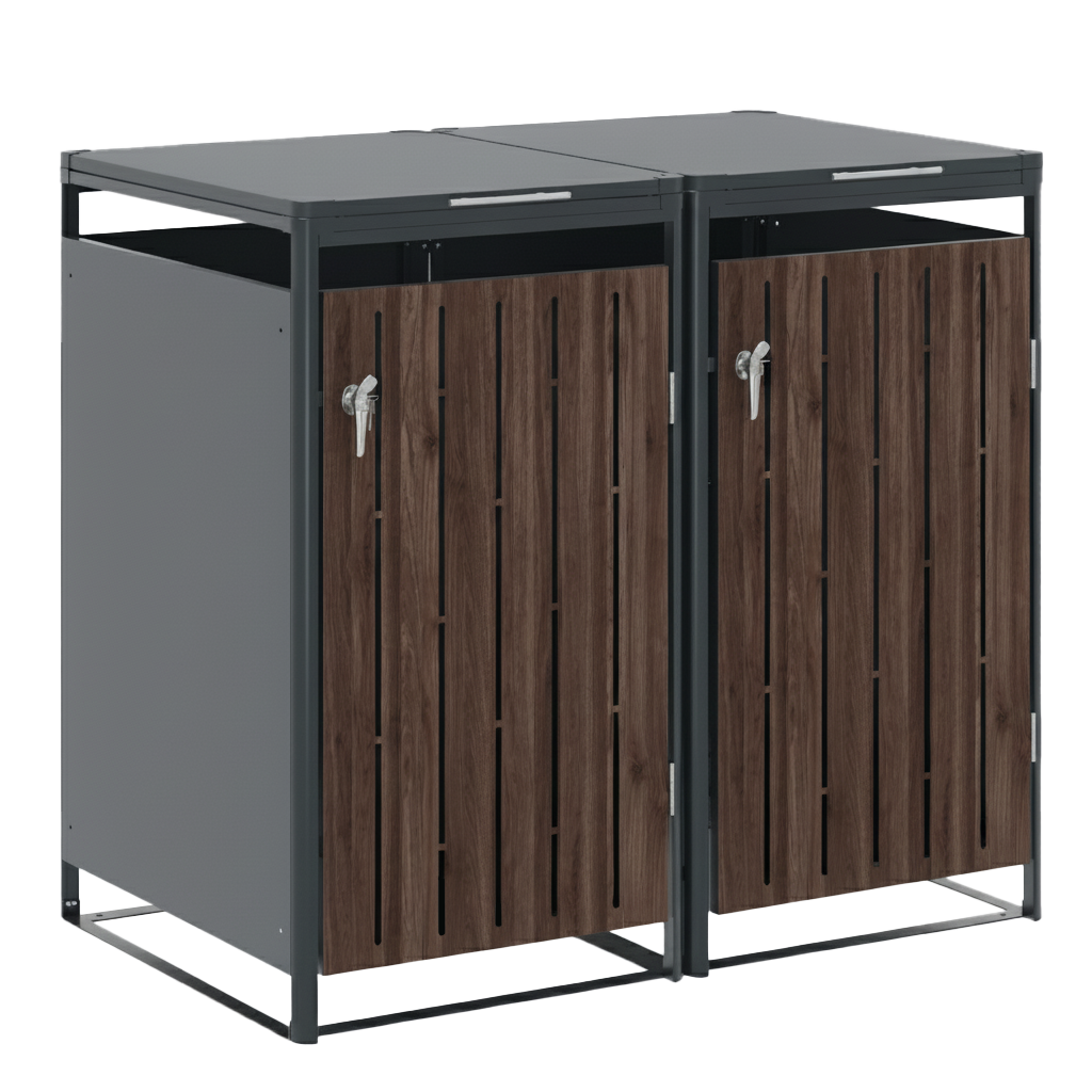Endorphin Design Mülltonnenbox, 2er, 240 l, in anthrazit mit Holzdekor, aus verzinktem Stahl pulverbeschichtet, Breite x Höhe x Tiefe: 132x119x82 cm