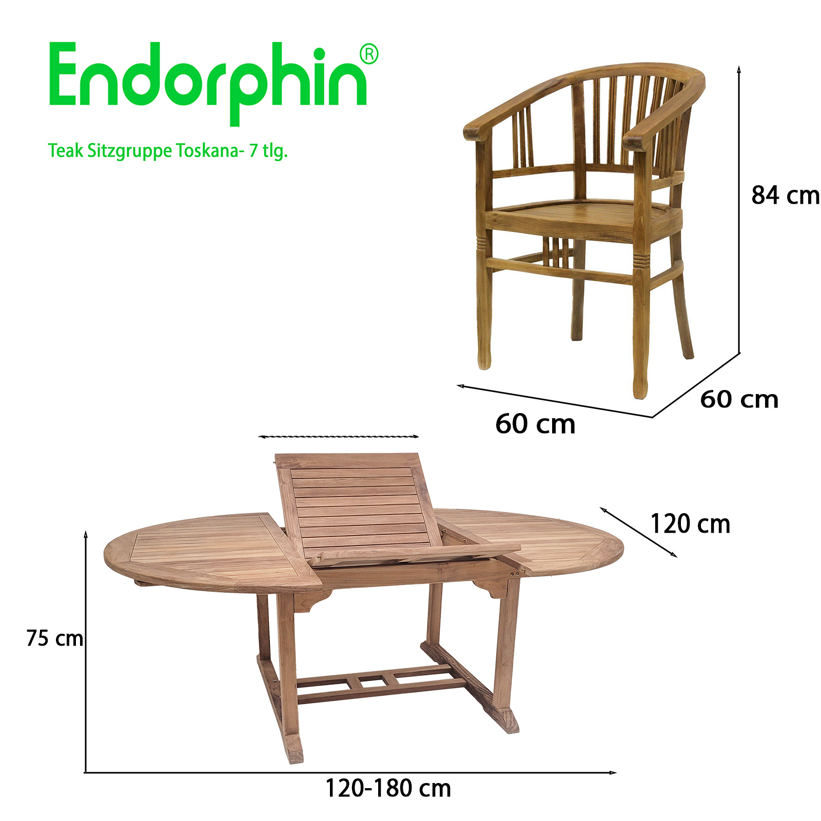 Endorphin Toskana Gartenmöbel Set 7tlg. Teakholz, Tisch oval, ausziehbar mit 6 Stühlen stapelbar