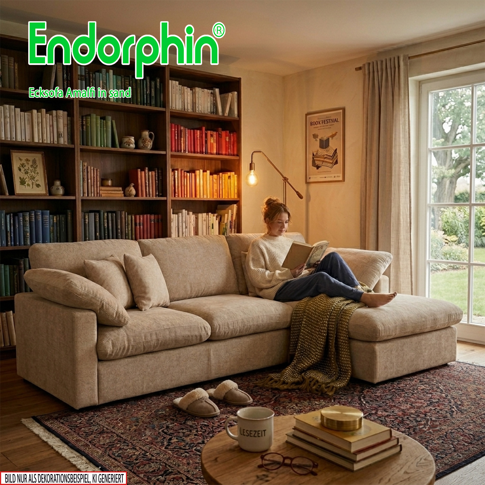 Endorphin Ecksofa Amalfi sand, Ottomane flexibel montierbar
