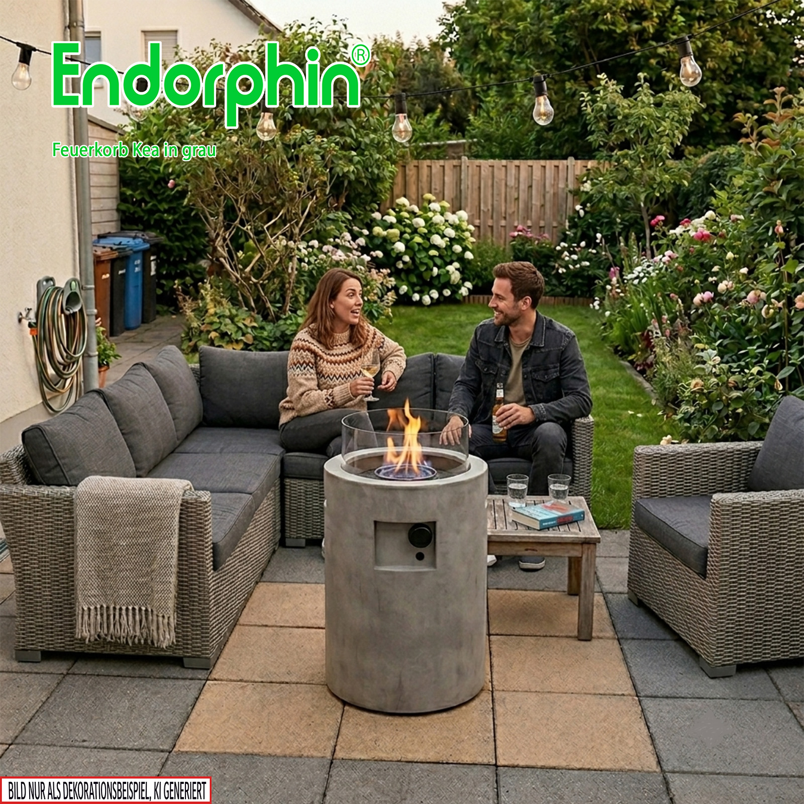 Endorphin Feuerkorb Kea in grau, Stilvolle Gas-Feuerstelle aus Faserzement