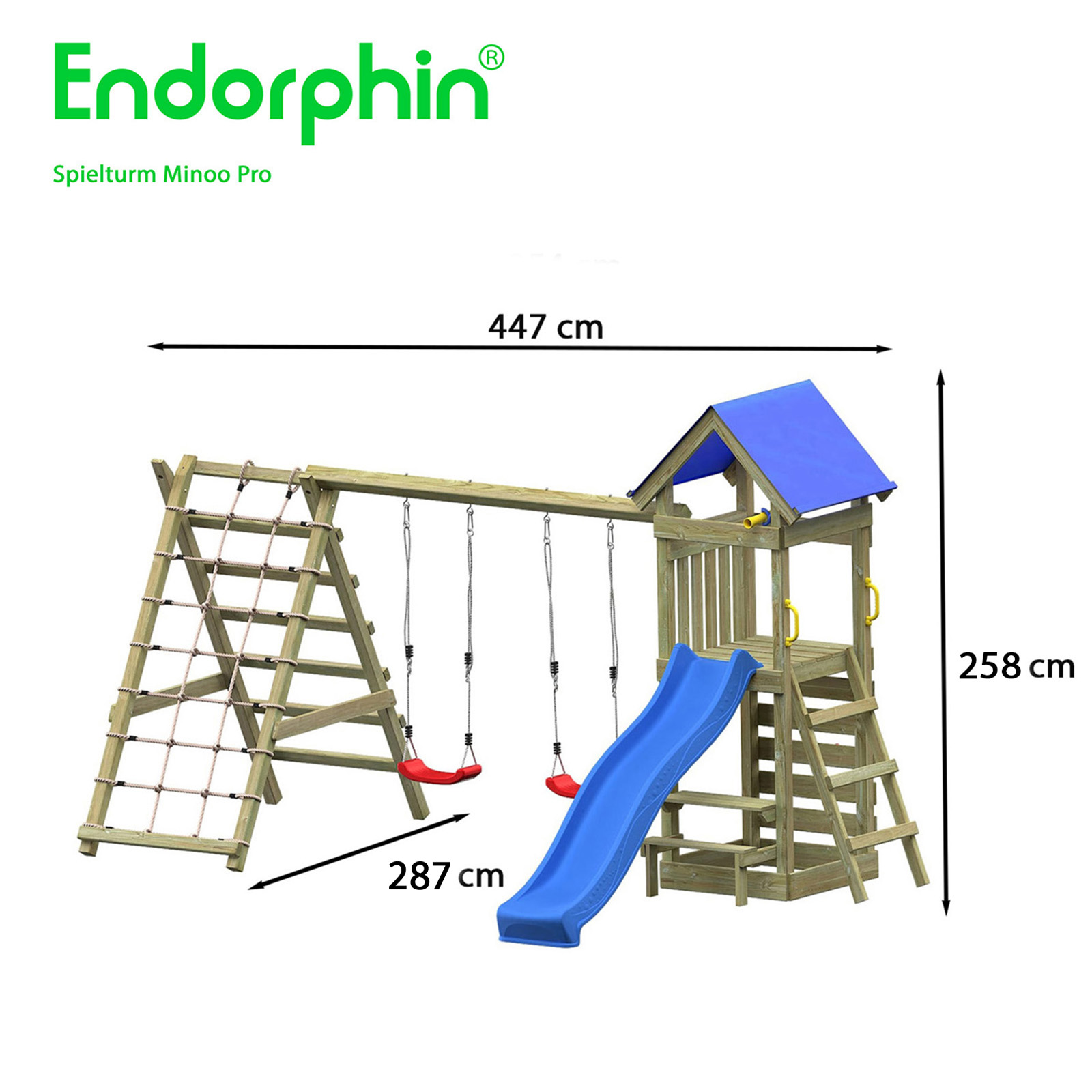 Endorphin Spielturm Minoo Pro m. Dach Leiter Rutsche Schaukel Kletterwänden Sandkasten und Picknicktisch