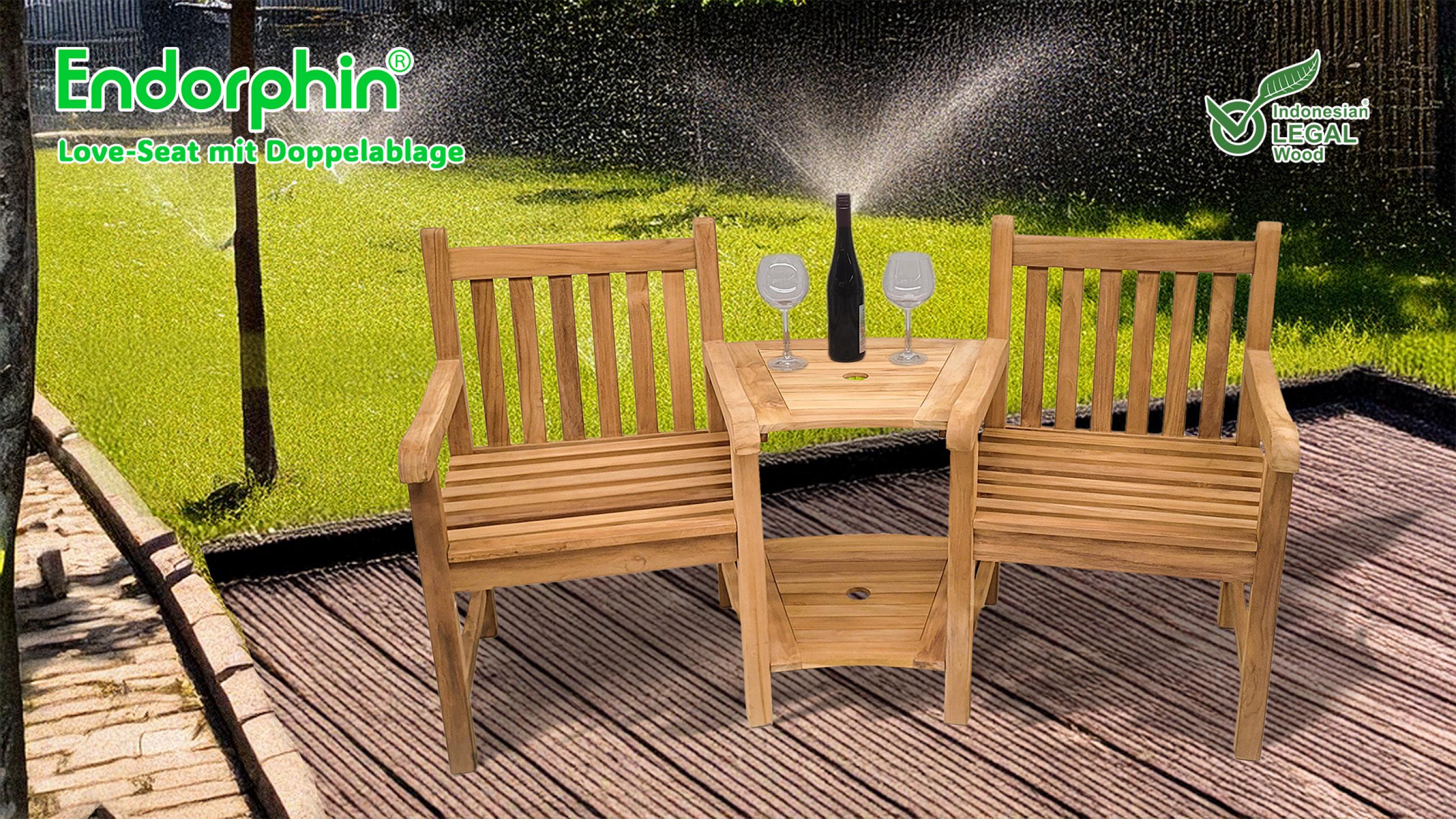 Endorphin Premium Teak Love-Seat mit Doppelablage und Schirmloch Gartenmöbel Sitzgarnitur 3tlg. Teak Feierabendbank 2 Sitzer aus nachhaltigem Teakholz Kaffeetisch