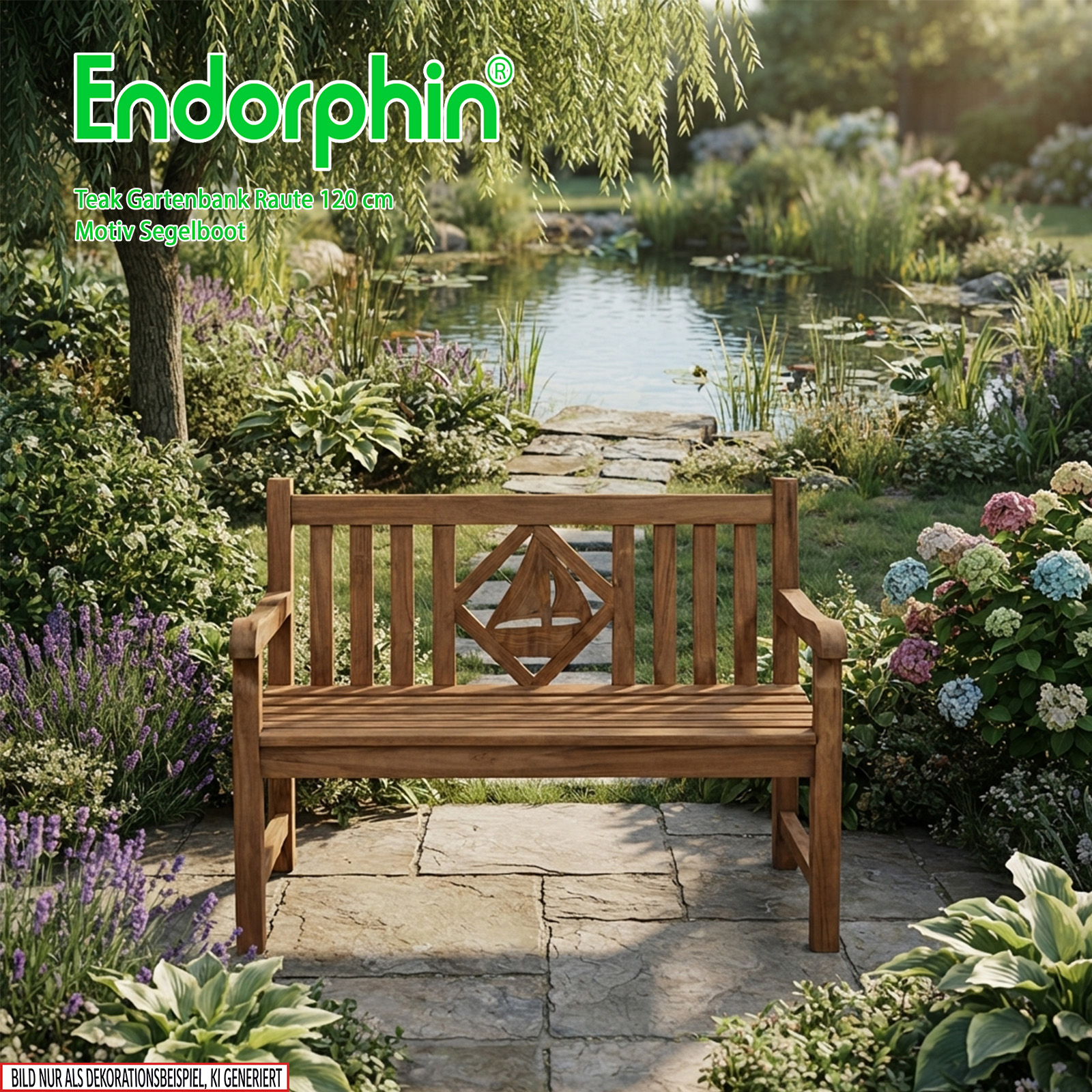 Endorphin Premium Teak Gartenbank 120 cm „Modell Raute“ mit Motiv Segelboot