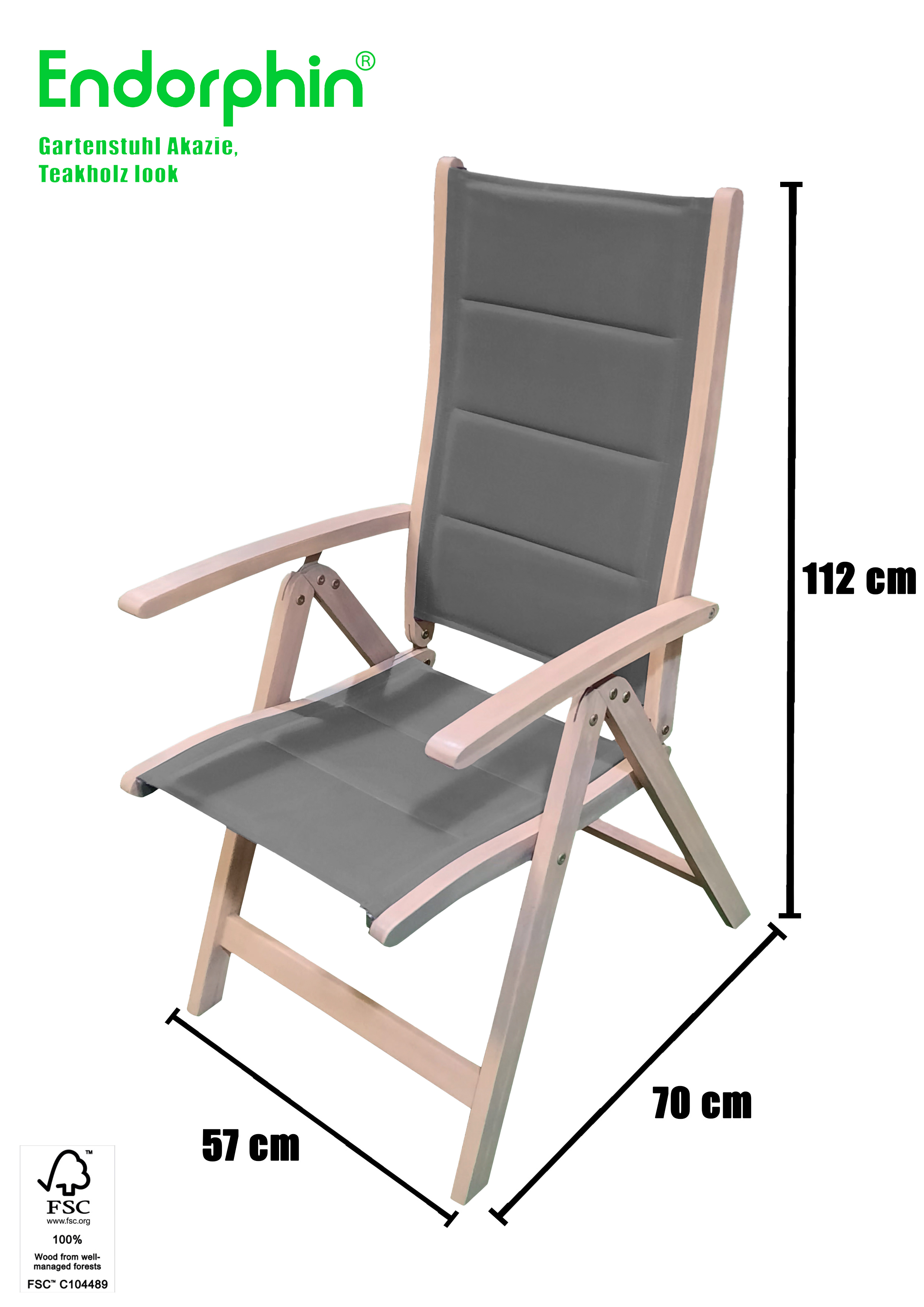 Endorphin 2er Pack Klappsessel,  Gartensessel aus Akazienholz im Teakholzlook, FSC zertifiziert, Sitzfläche Textilene mit Schaumstofffüllung, Farbe taupe, Rückenlehne 4-fach verstellbar, 57 x 70 x 112 cm (B x T x H)