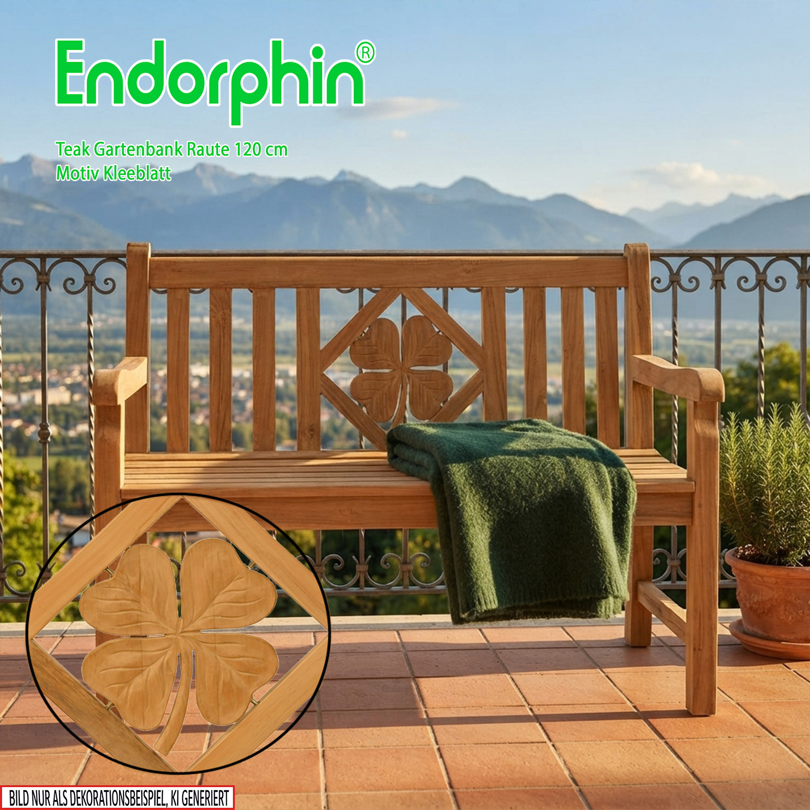 Endorphin Premium Teak Gartenbank 120 cm „Modell Raute“ mit Motiv Kleeblatt