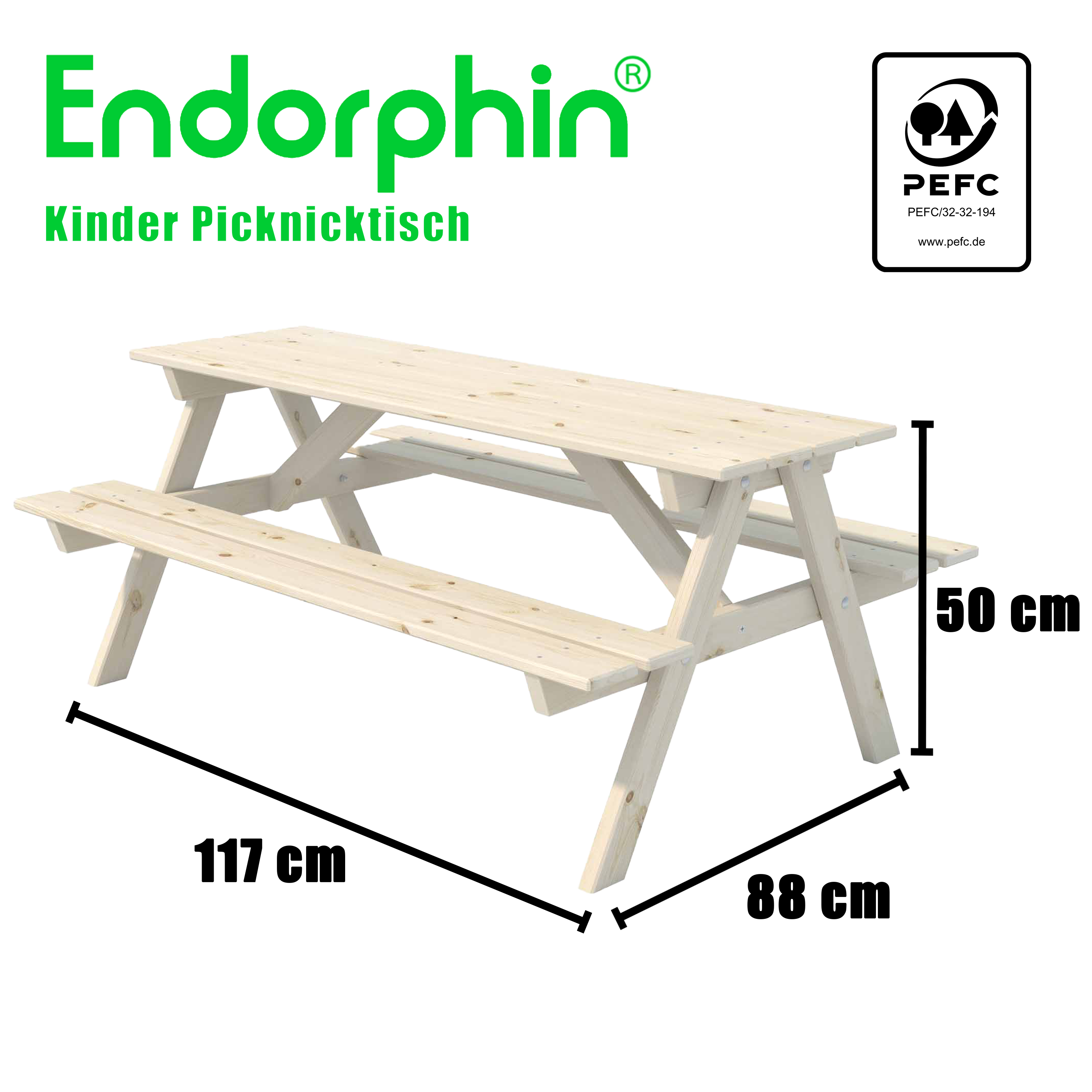 Endorphin Kinder Picknicktisch, kammergetrocknetes Kiefernholz, Picknickbank für Kinder, Kindermöbel für draußen, wetterfester Kindertisch, Gartenmöbel für Kinder, 117cm lang