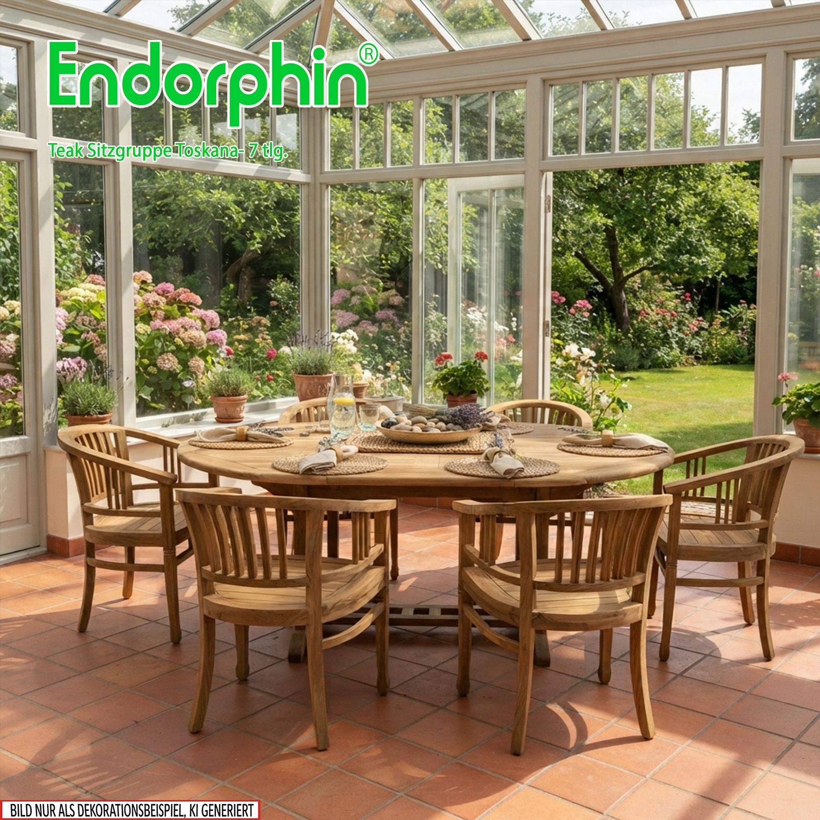 Endorphin Toskana Gartenmöbel Set 7tlg. Teakholz, Tisch oval, ausziehbar mit 6 Stühlen stapelbar