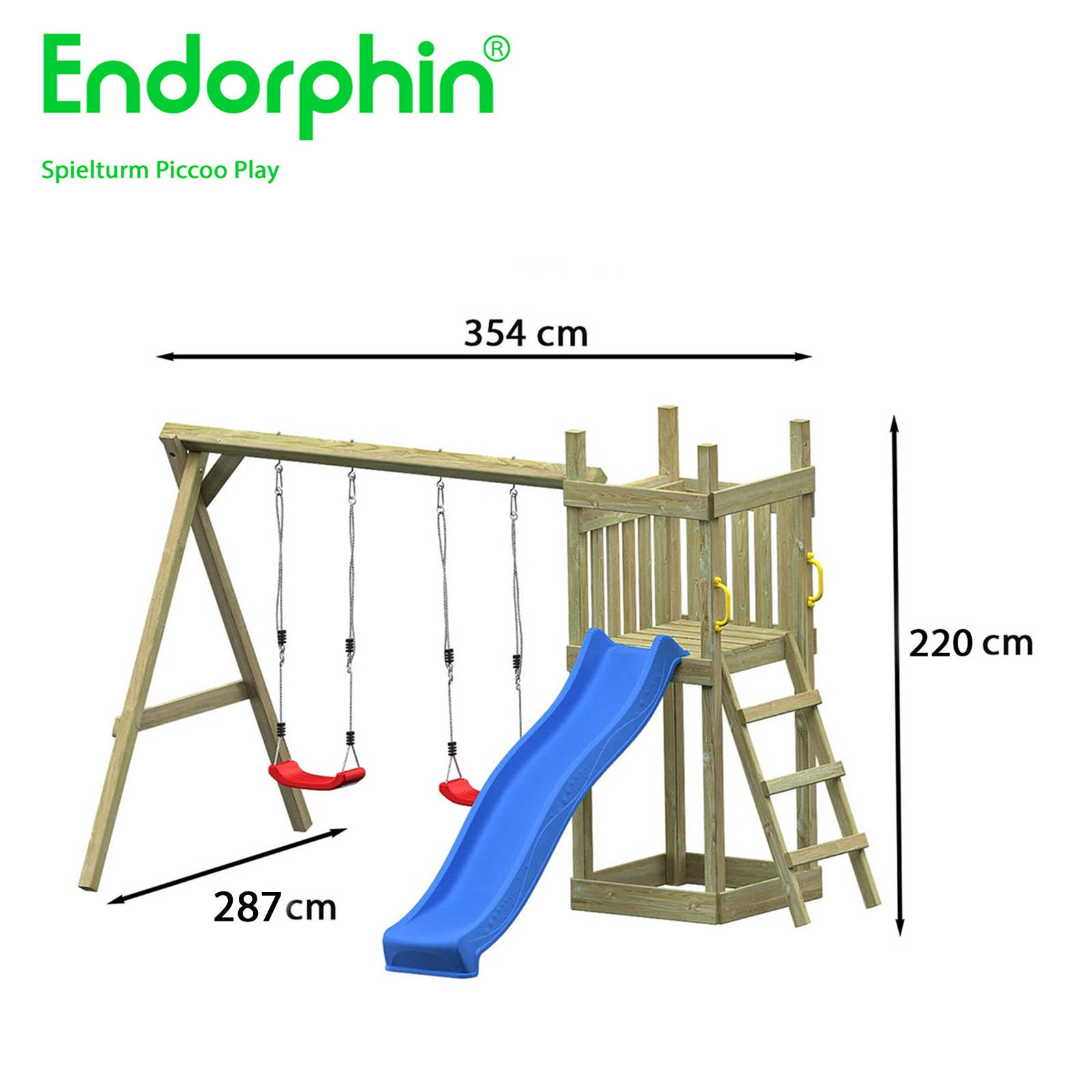 Endorphin Spielturm Piccoo Play mit Leiter Wellenrutsche und 2 Schaukeln