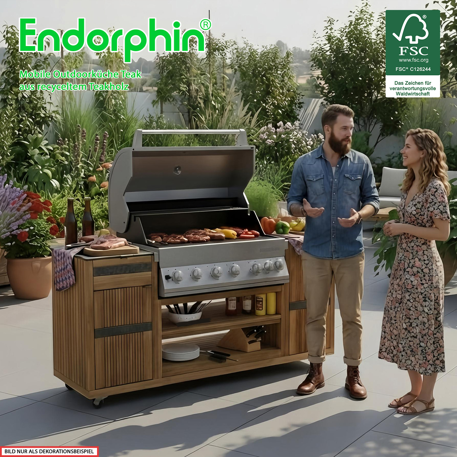Endorphin Outdoorküche Teak inkl. Merlin 641 Built- in Gasgrill silber