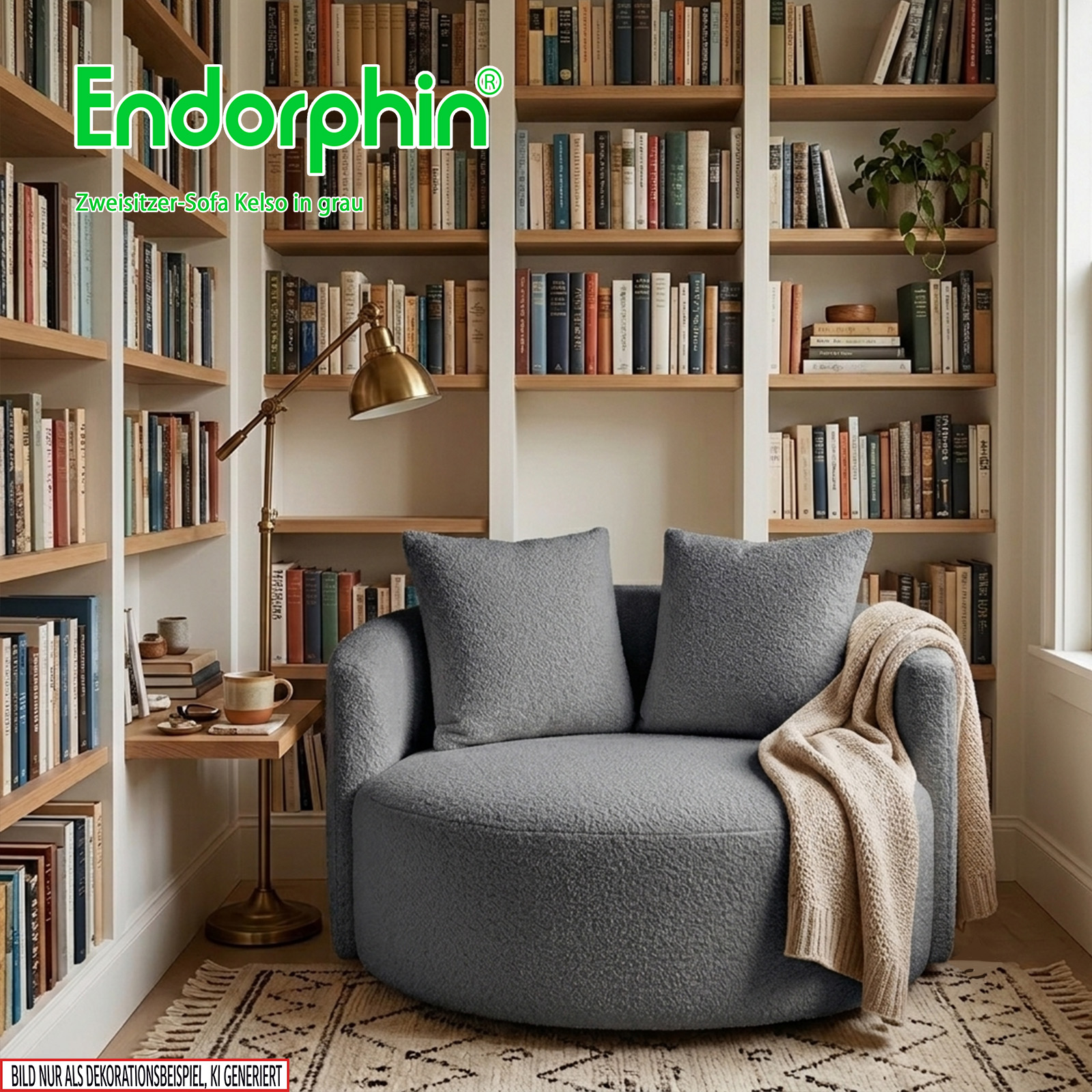 Endorphin 2er Sofa Kelso – in Grau, Exklusives Designer-Sofa mit Teddy-Bezug