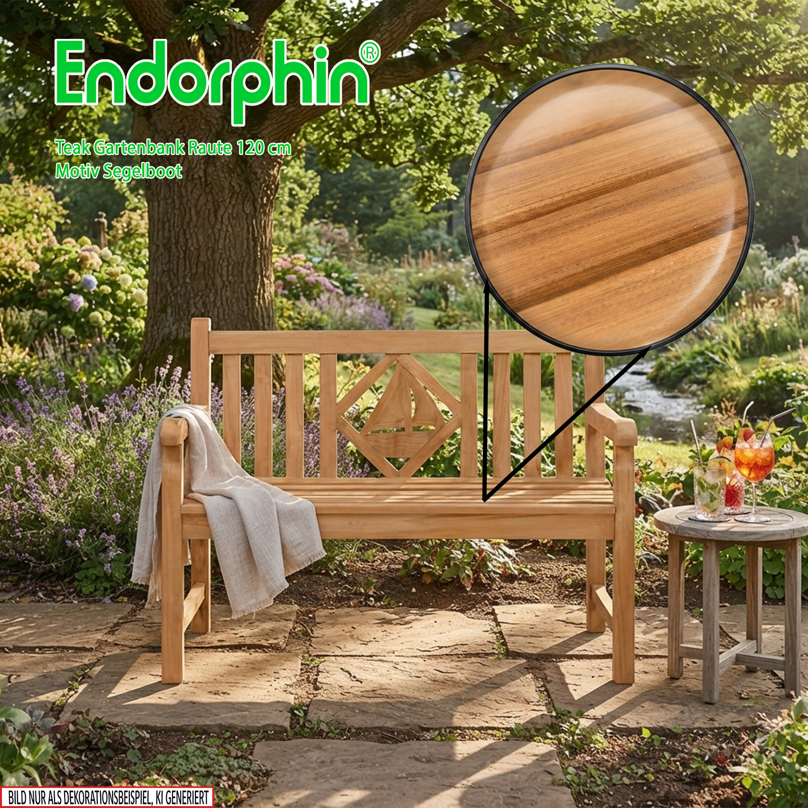 Endorphin Premium Teak Gartenbank 120 cm „Modell Raute“ mit Motiv Segelboot