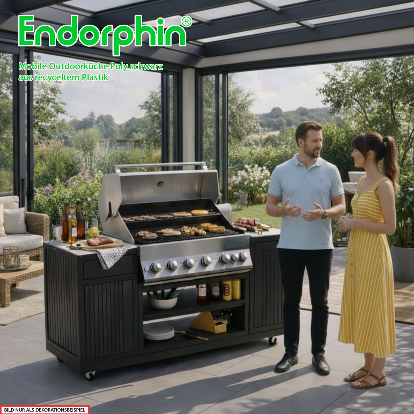 Endorphin Poly Outdoorküche schwarz, inkl Merlin 641 Gasgrill, silber