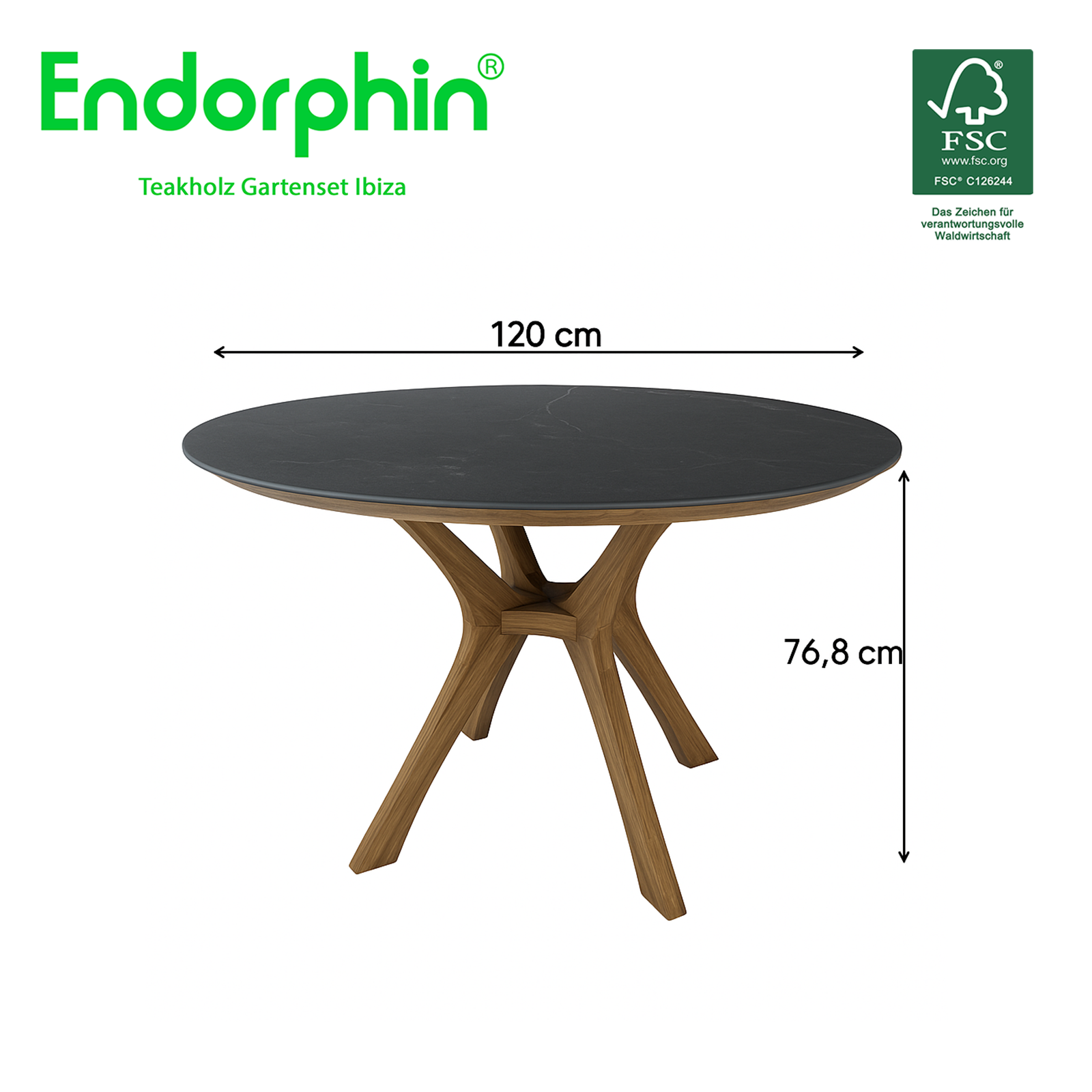 Endorphin Ibiza hochwertiges Teak Gartenset mit Keramik-Tischplatte, rund Ø120 cm 4 Stühle Gartenmöbel
