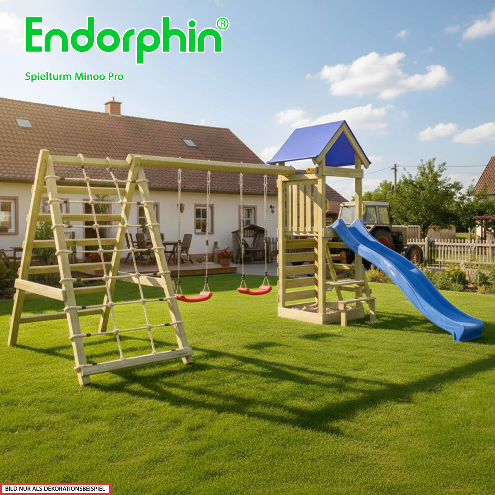 Endorphin Spielturm Minoo Pro m. Dach Leiter Rutsche Schaukel Kletterwänden Sandkasten und Picknicktisch