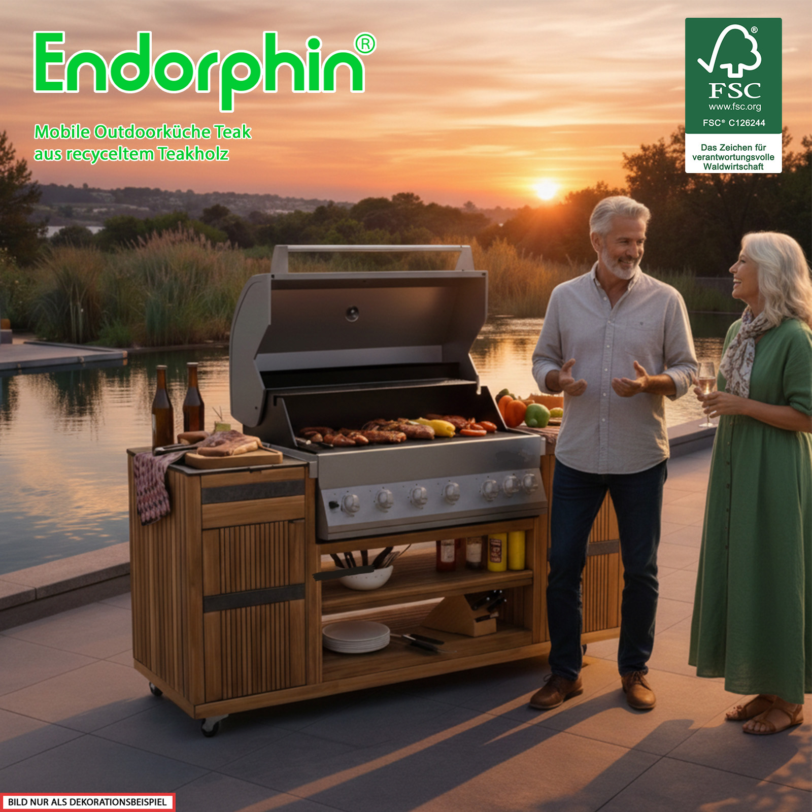 Endorphin Outdoorküche Teak inkl. Merlin 641 Built- in Gasgrill silber