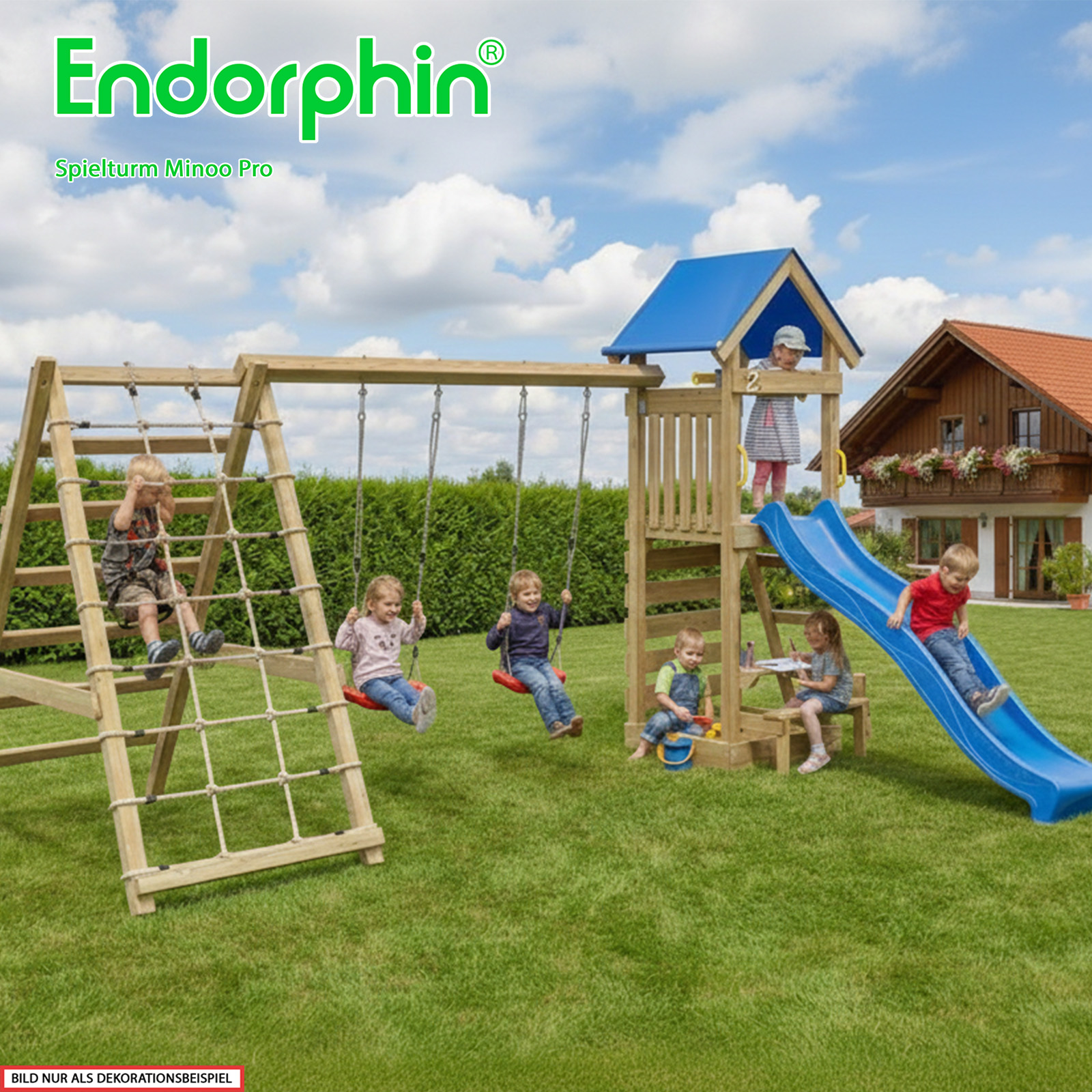 Endorphin Spielturm Minoo Pro m. Dach Leiter Rutsche Schaukel Kletterwänden Sandkasten und Picknicktisch