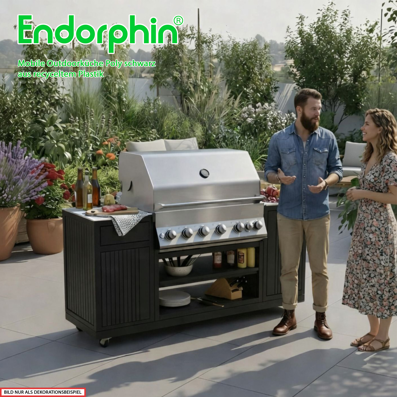 Endorphin Poly Outdoorküche schwarz, inkl Merlin 641 Gasgrill, silber