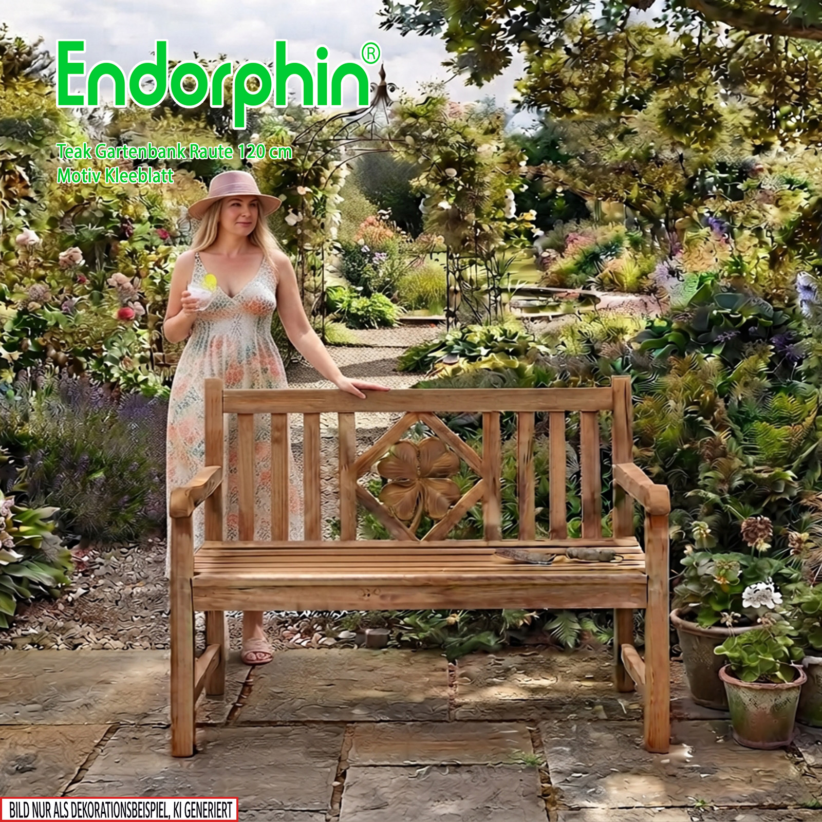 Endorphin Premium Teak Gartenbank 120 cm „Modell Raute“ mit Motiv Kleeblatt